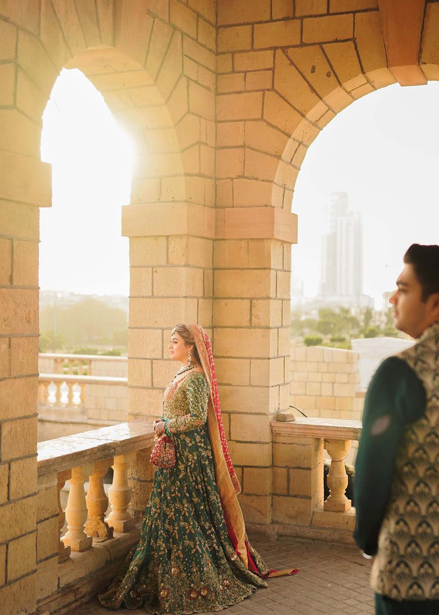 Emerald Green Embroidered Net Bridal Lehenga (3-Piece) - Image 4