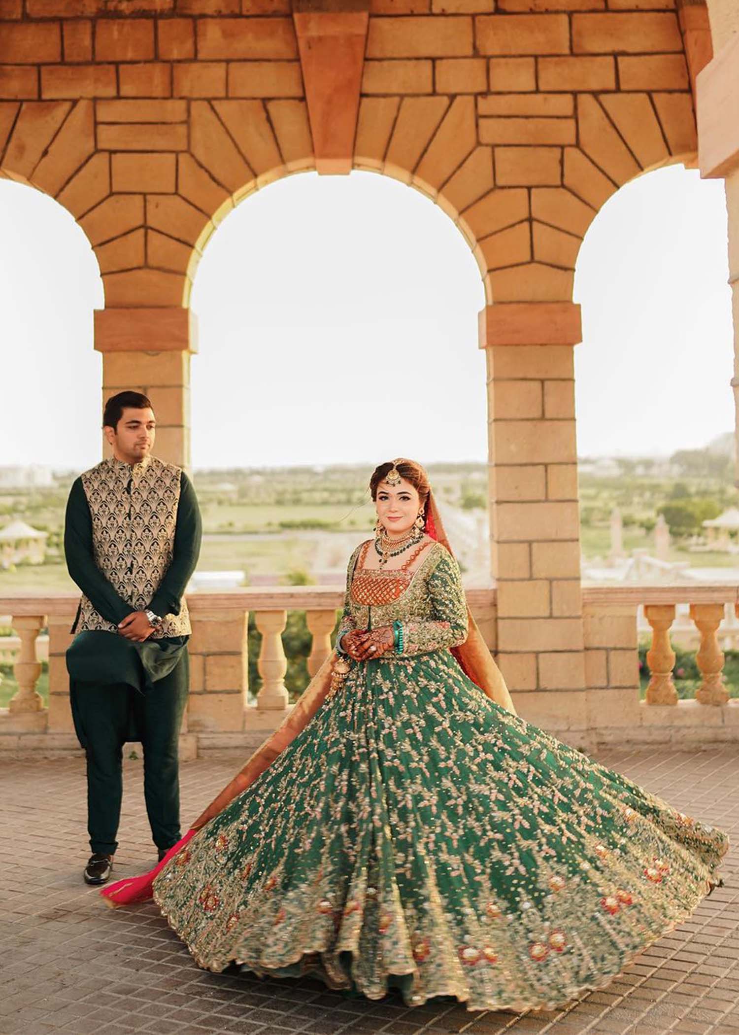 Emerald Green Embroidered Net Bridal Lehenga (3-Piece) - Image 5