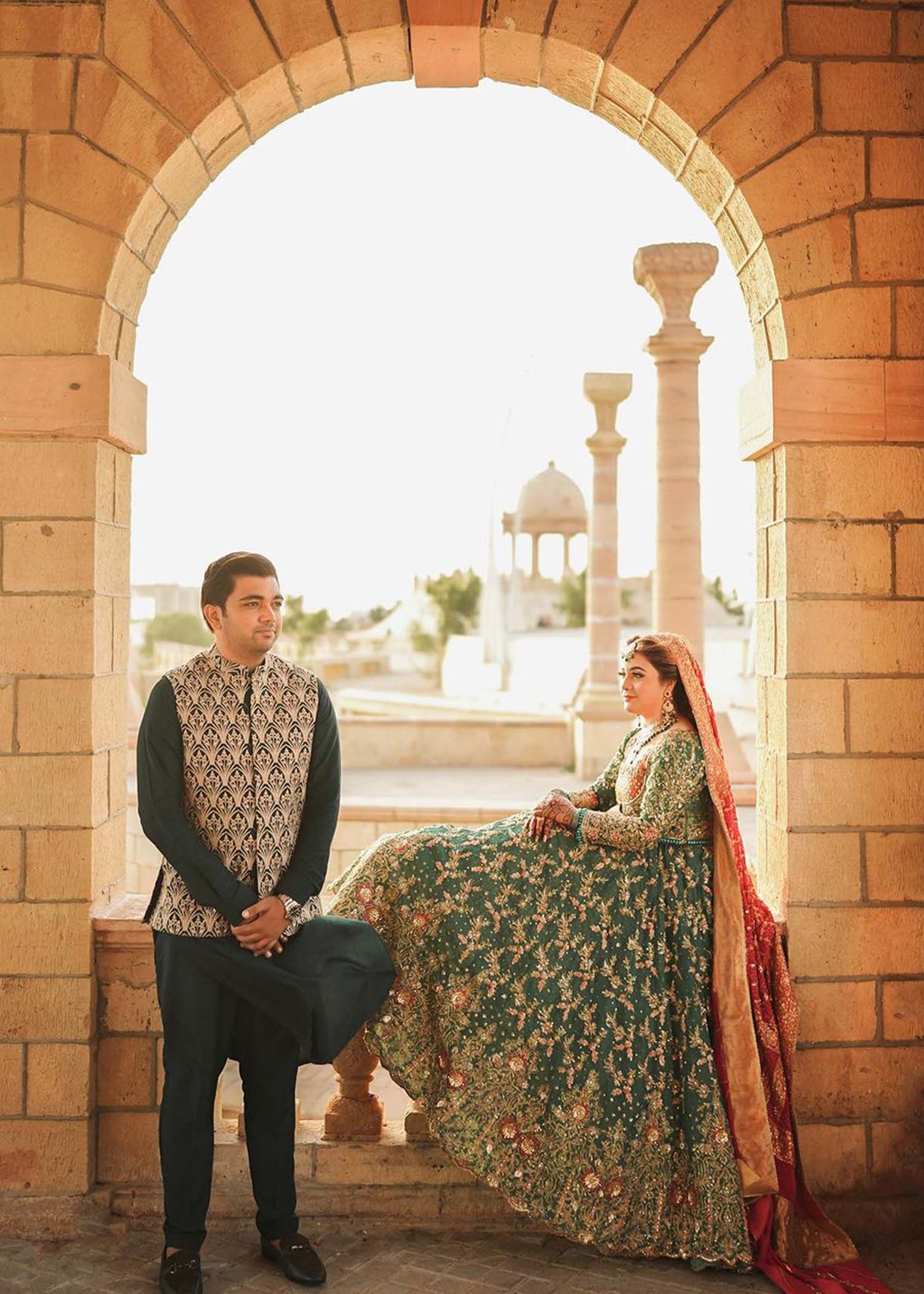 Emerald Green Embroidered Net Bridal Lehenga (3-Piece) - Image 6