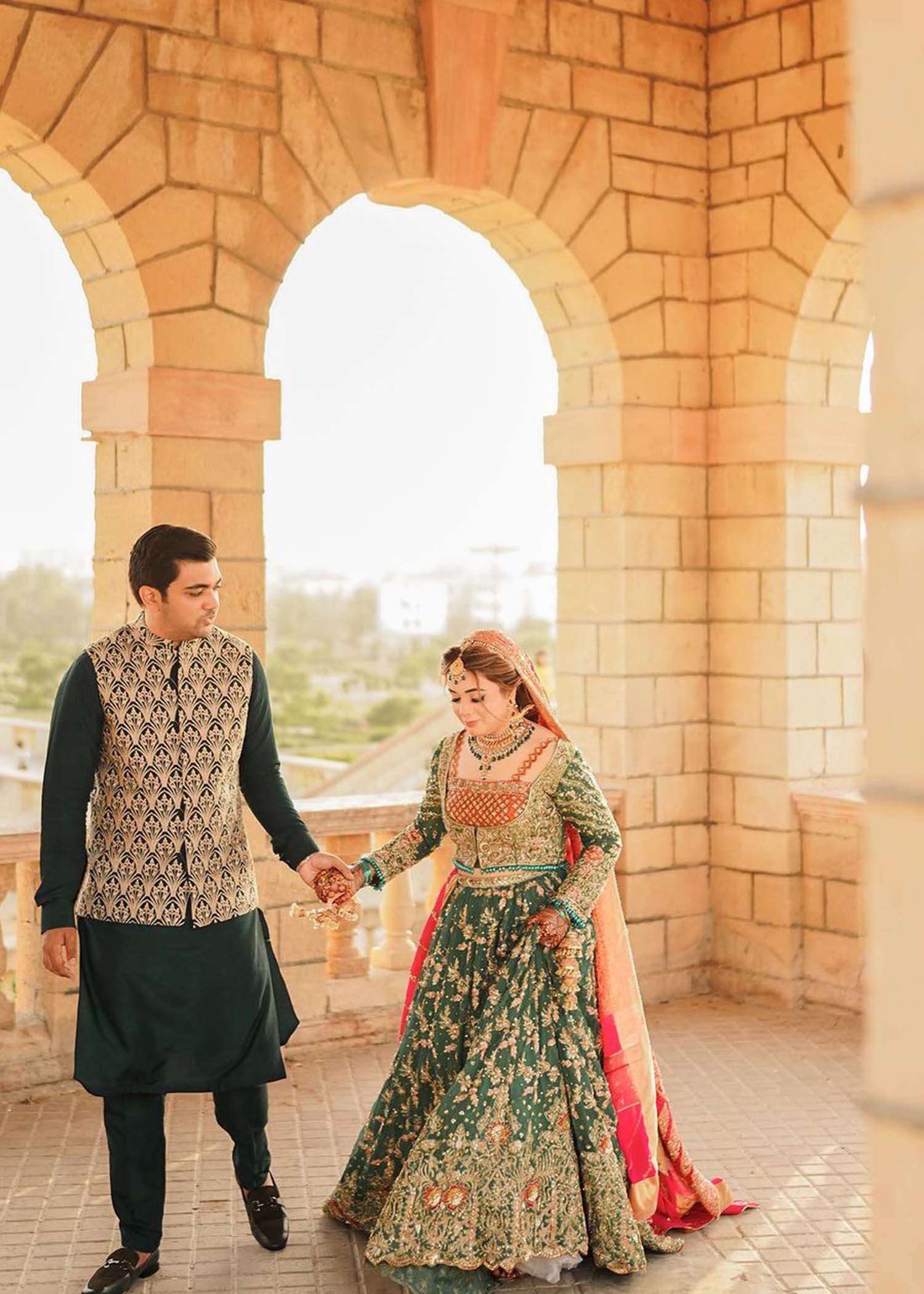 Emerald Green Embroidered Net Bridal Lehenga (3-Piece) - Image 7