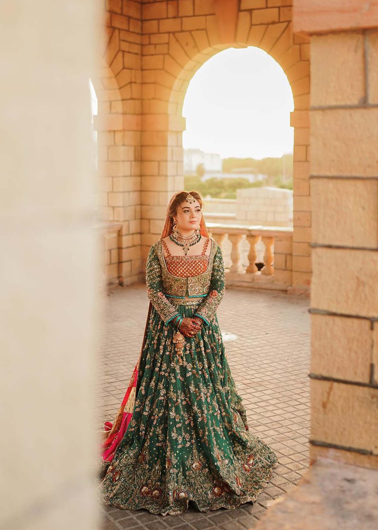Emerald Green Embroidered Net Bridal Lehenga (3-Piece) - Image 8