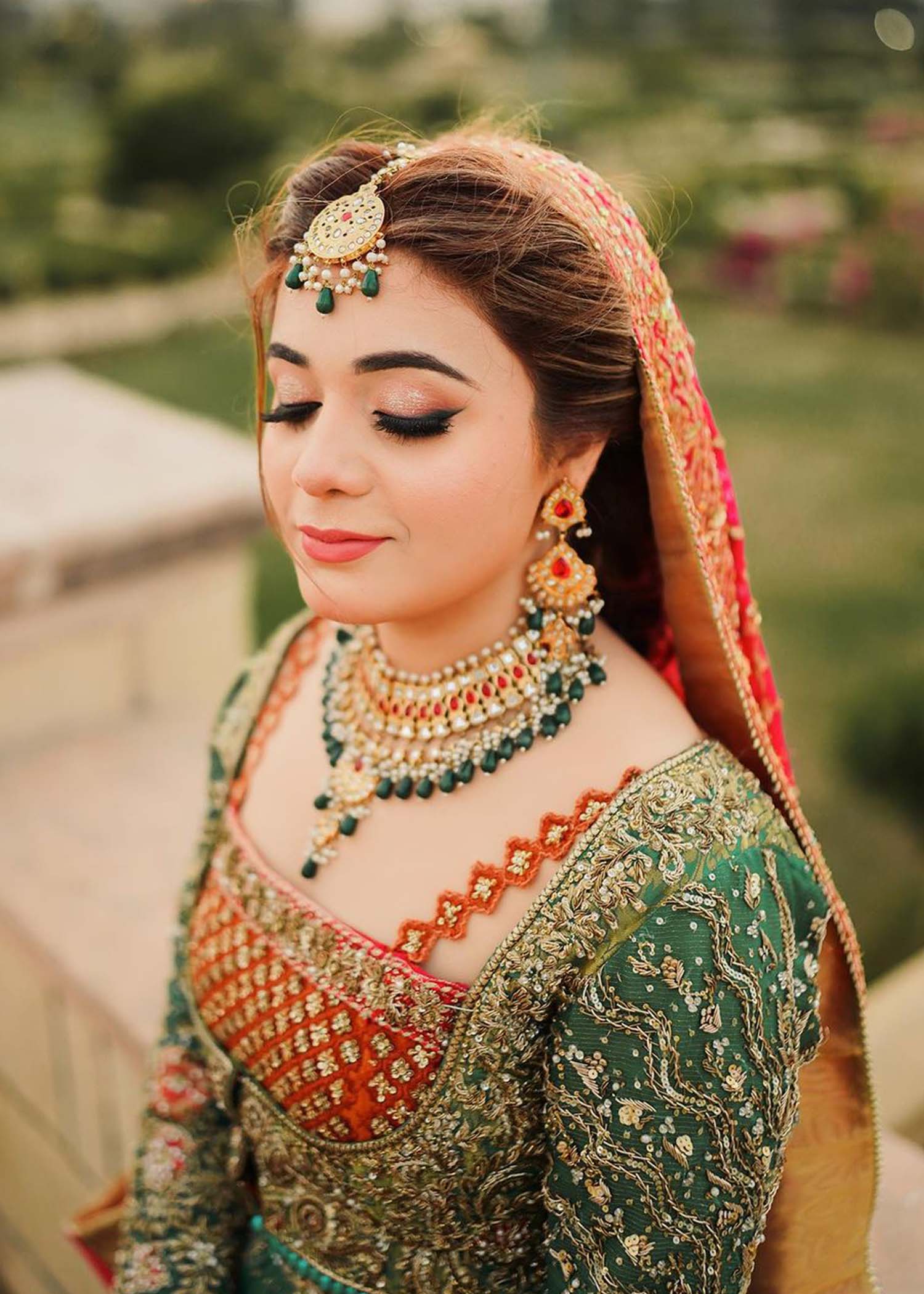 Emerald Green Embroidered Net Bridal Lehenga (3-Piece) - Image 9