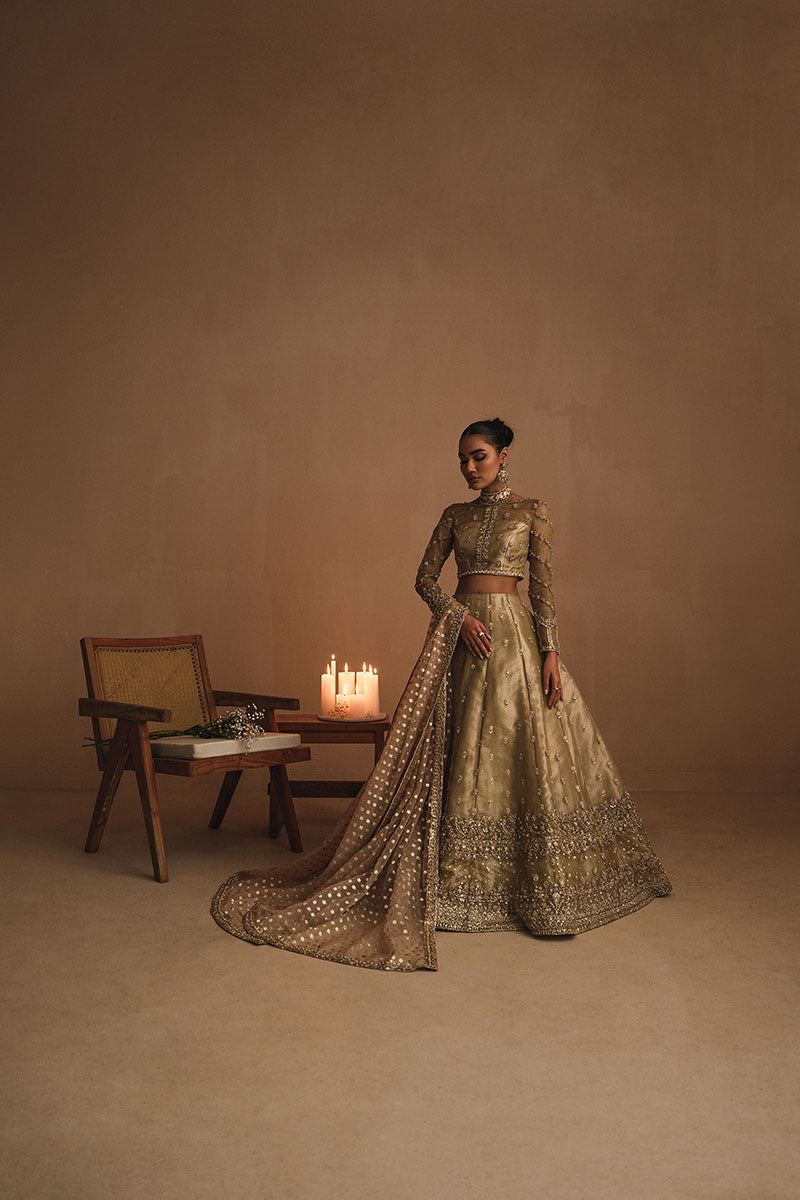 Pakistani Olive Green Zardozi Net Zari Lehenga Choli (3-Piece) - Image 1