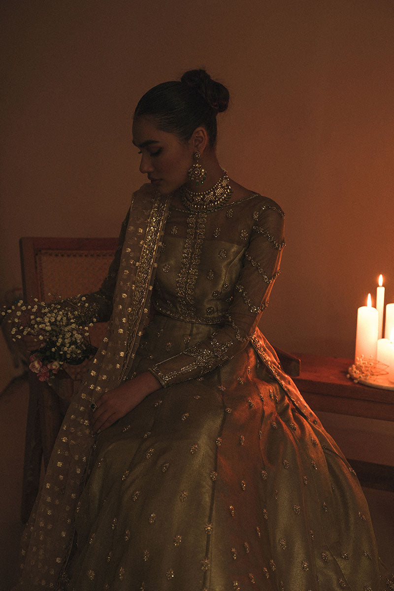 Pakistani Olive Green Zardozi Net Zari Lehenga Choli (3-Piece) - Image 2