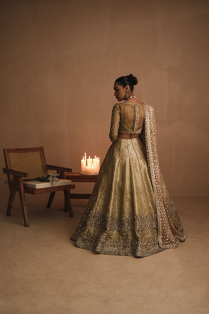 Pakistani Olive Green Zardozi Net Zari Lehenga Choli (3-Piece) - Image 3