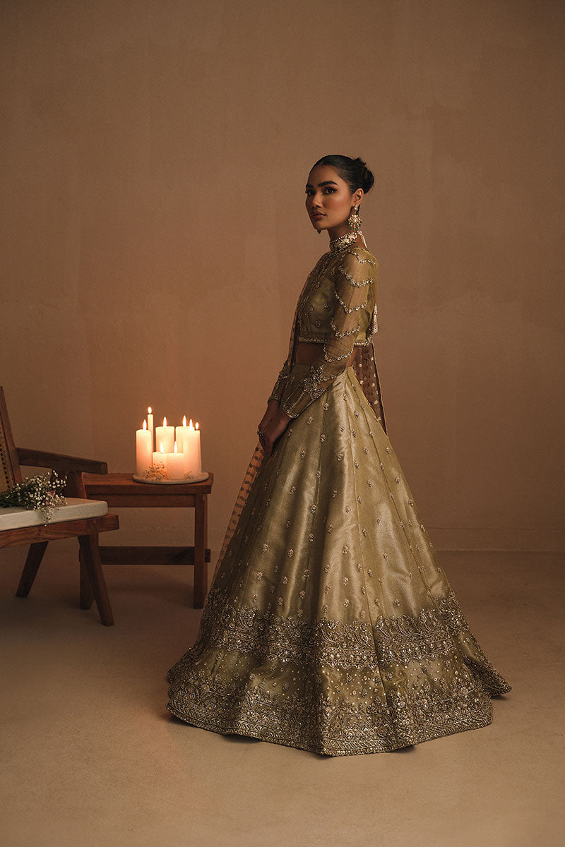 Pakistani Olive Green Zardozi Net Zari Lehenga Choli (3-Piece) - Image 4