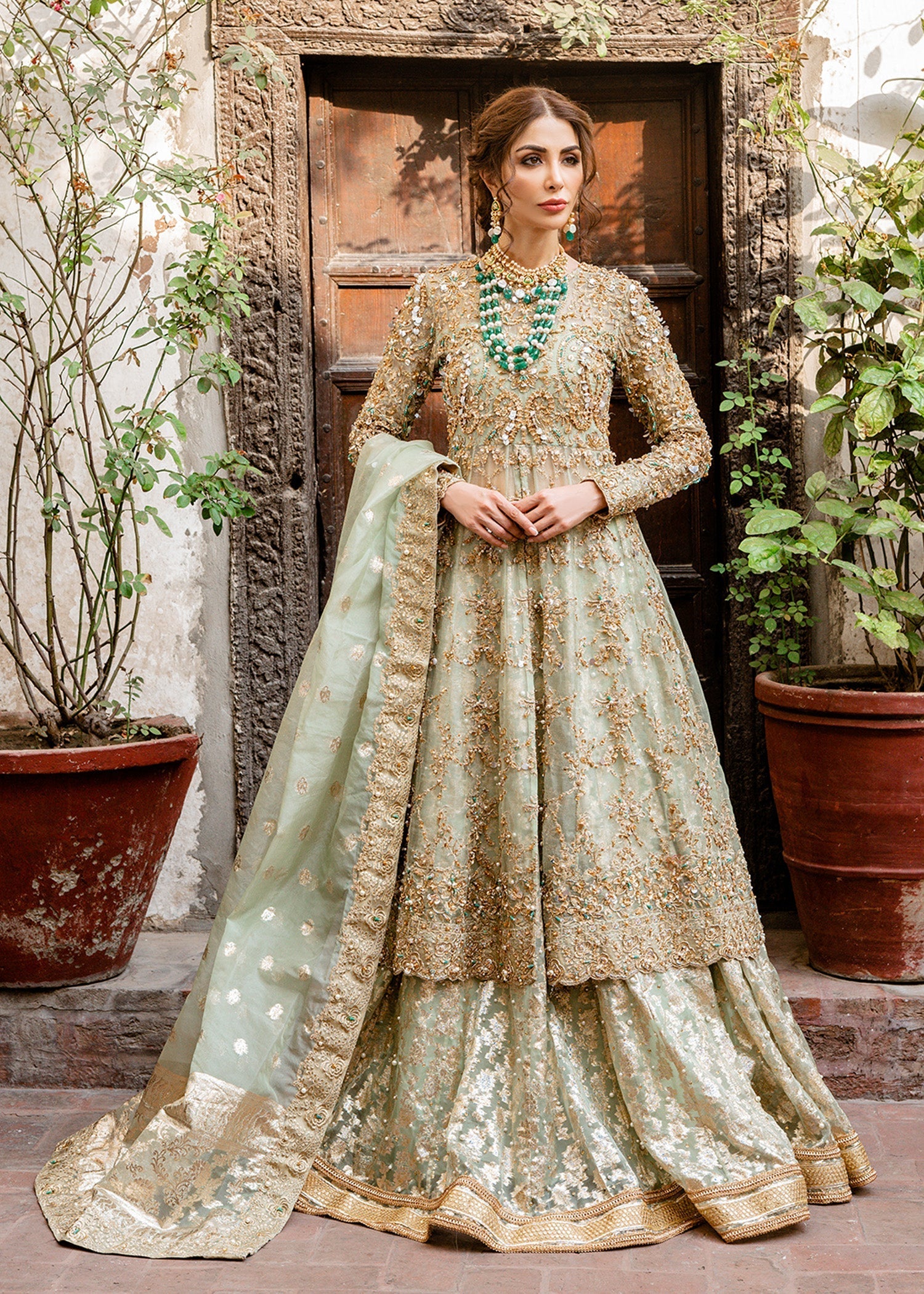 Indian Mint Green Embellished Kathan Organza Frock & Badla Lehenga (3-Piece) - Image 1