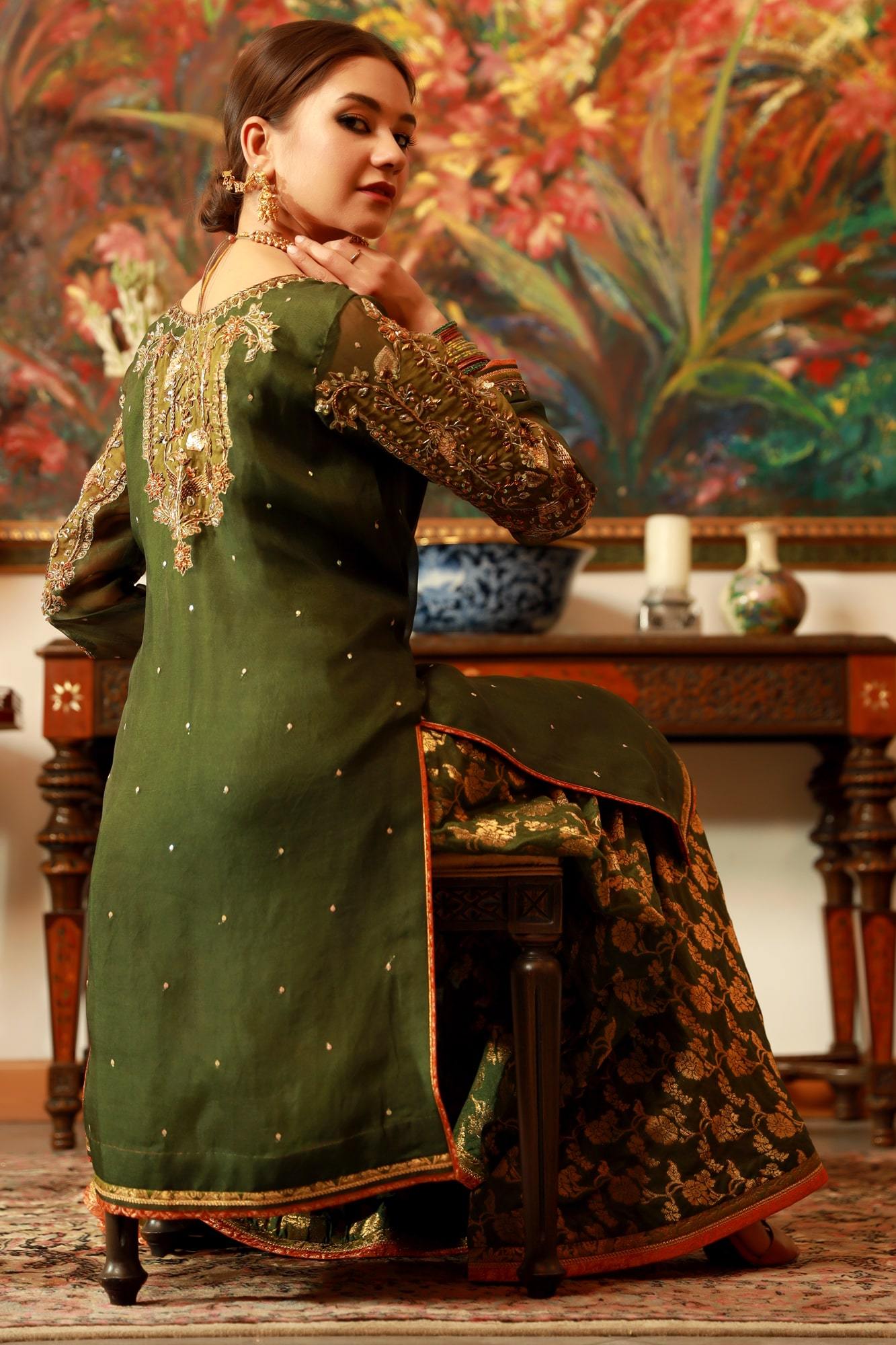 Pakistani Army Green Embellished Organza & Banarsi Lehenga (3-Piece) - Image 6