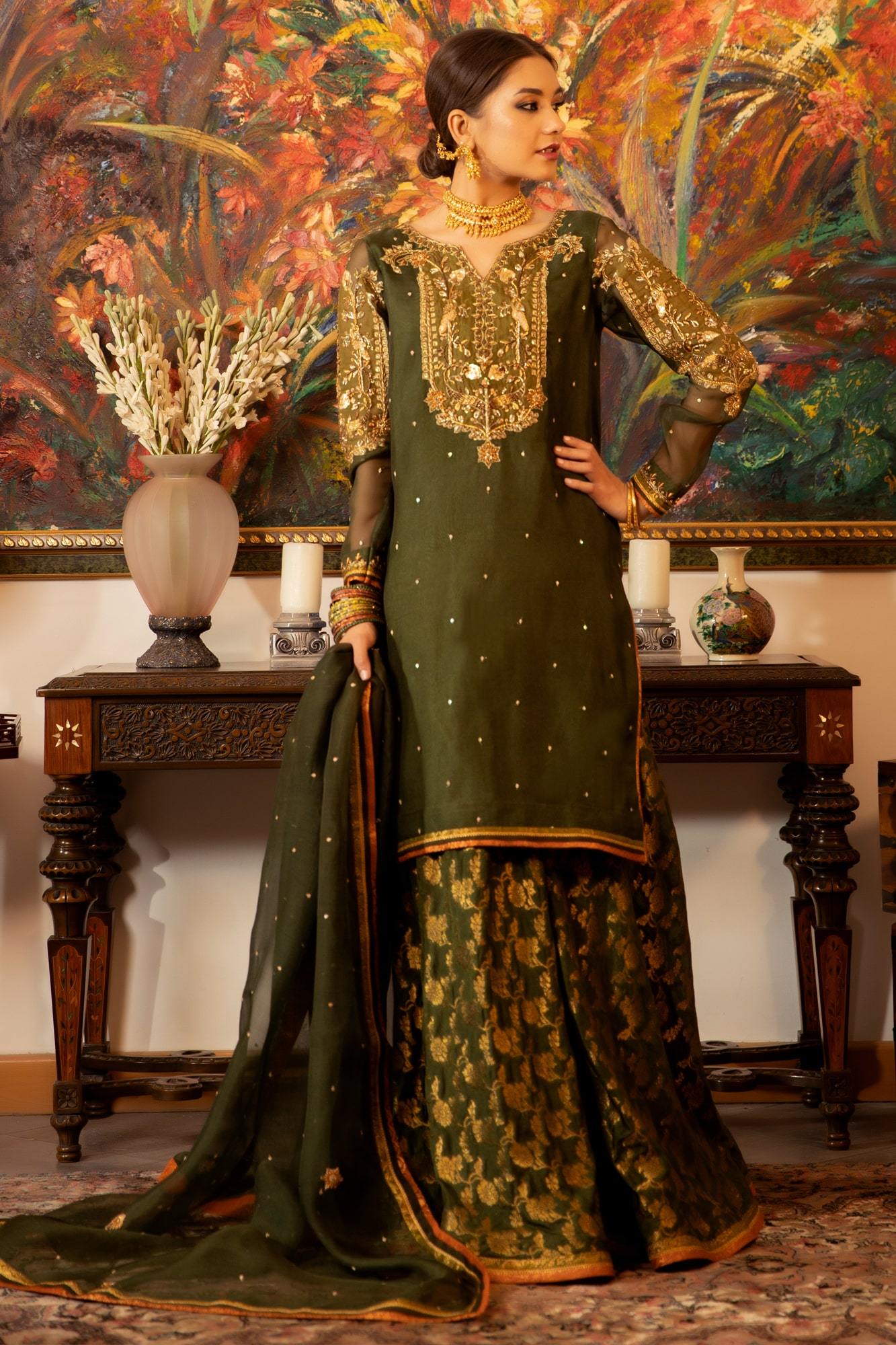 Army Green Embroidered Organza & Banarsi Lehenga (3-Piece) - Image 3