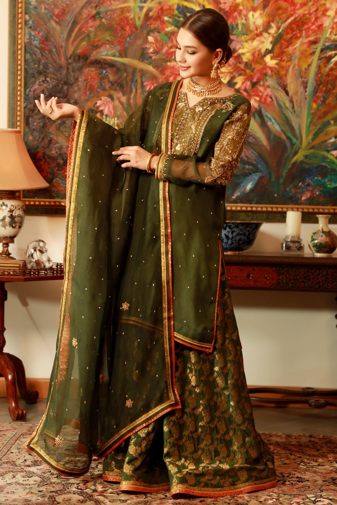 Army Green Embroidered Organza & Banarsi Lehenga (3-Piece) - Image 4