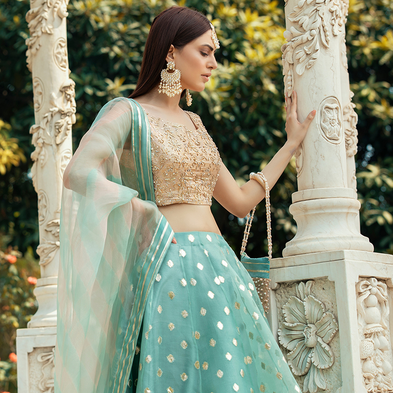Seafoam Embroidered Organza Zari & Brocade Lehenga Choli (3-Piece) - Image 2