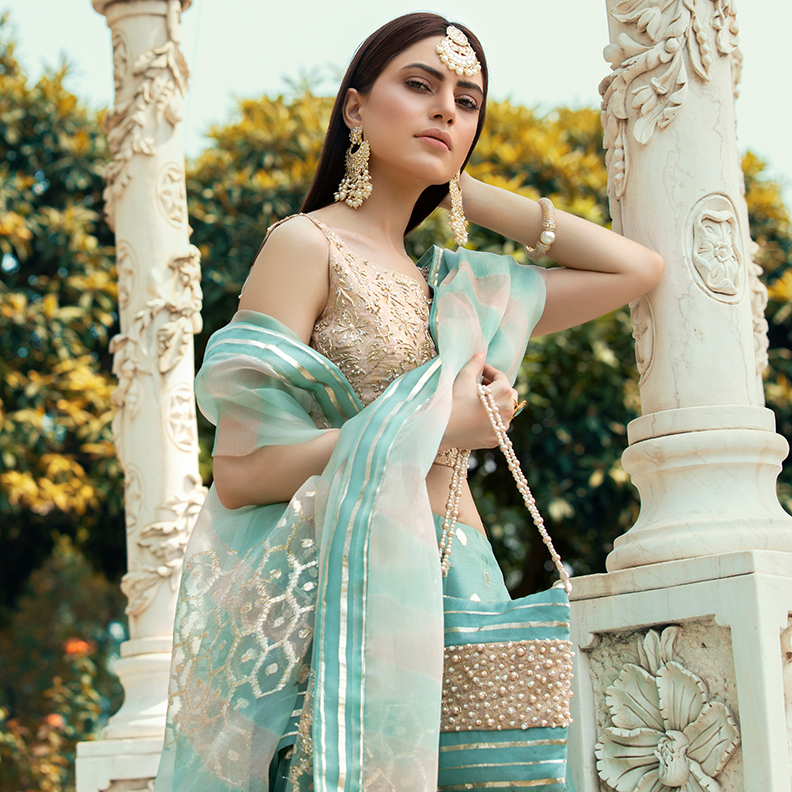 Seafoam Embroidered Organza Zari & Brocade Lehenga Choli (3-Piece) - Image 3