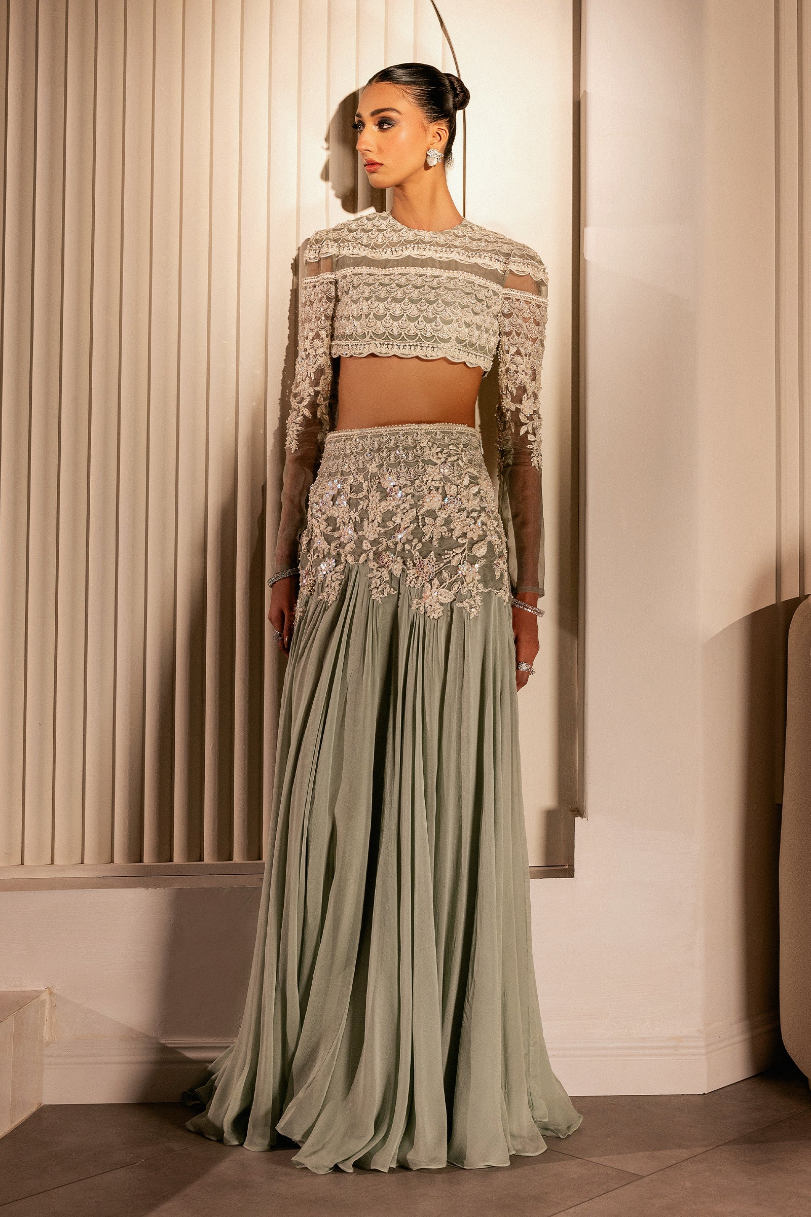 Pakistani Pistachio Green Embellished Organza & Chiffon Lehenga (2-Piece) - Image 1