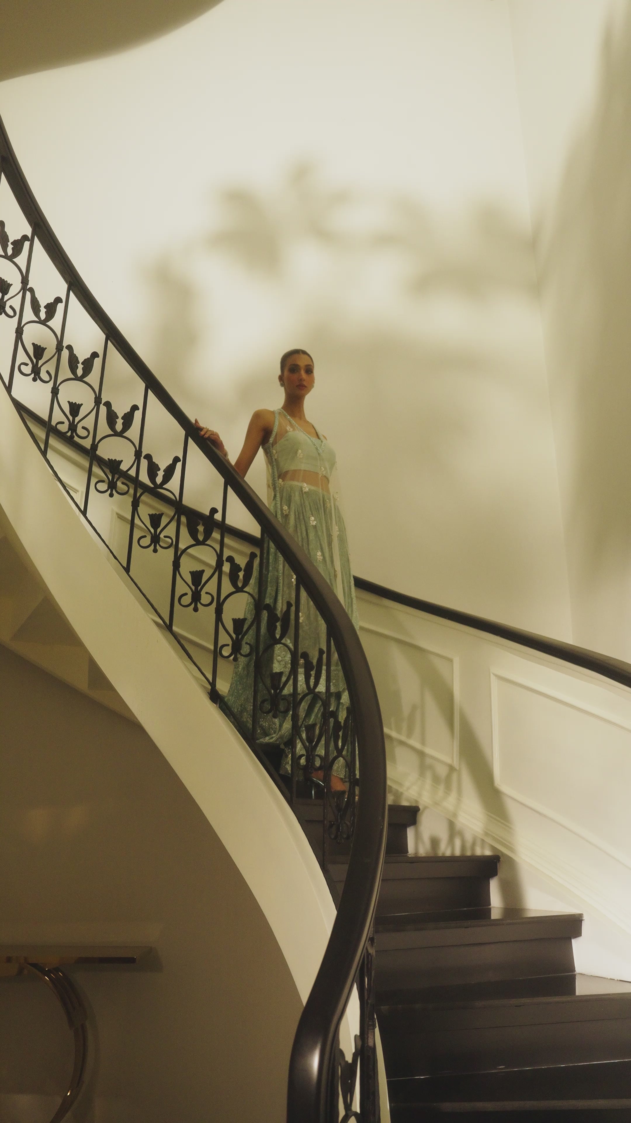 Pakistani Pistachio Green Embellished Organza & Chiffon Lehenga (2-Piece) - Image 10