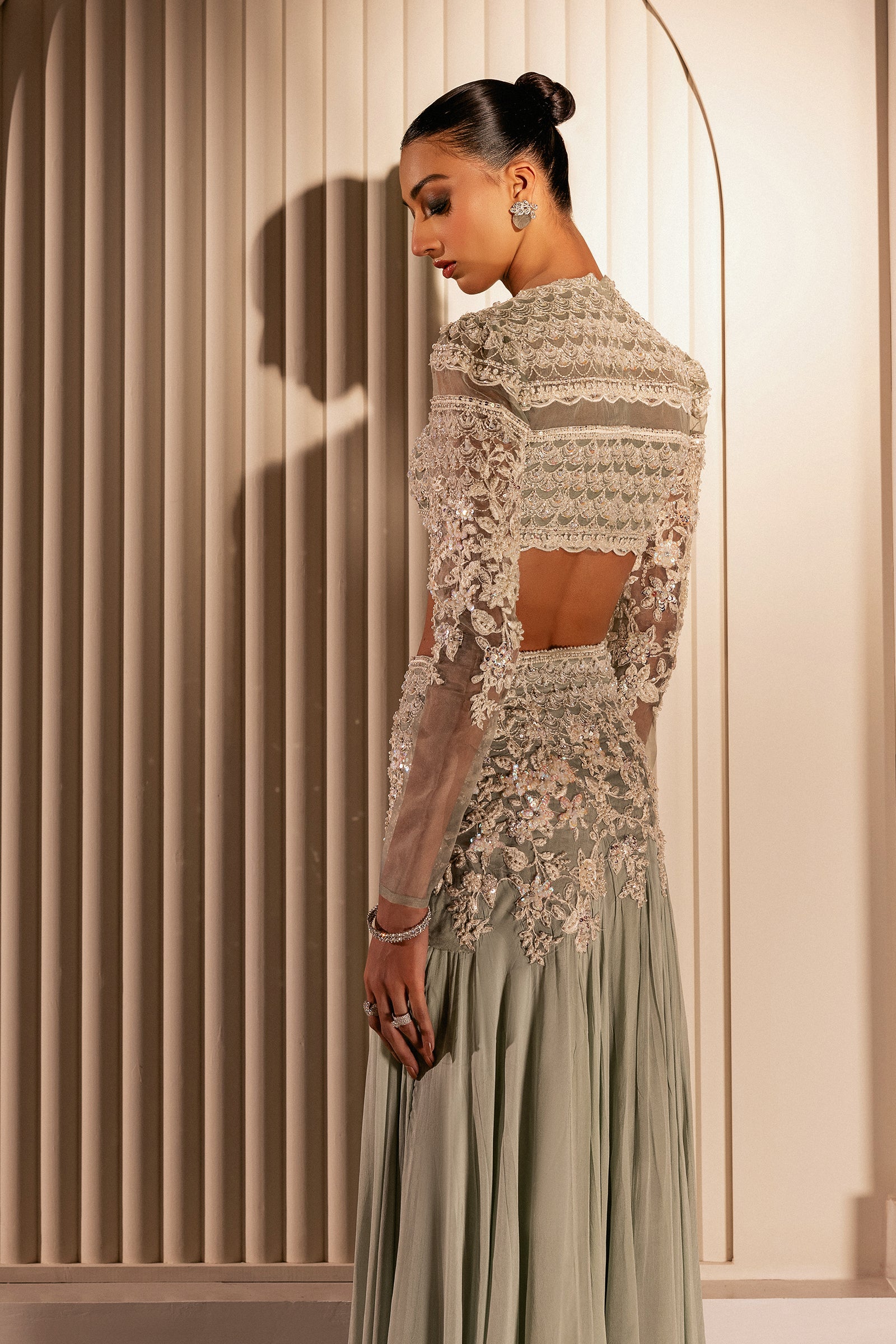 Pakistani Pistachio Green Embellished Organza & Chiffon Lehenga (2-Piece) - Image 5