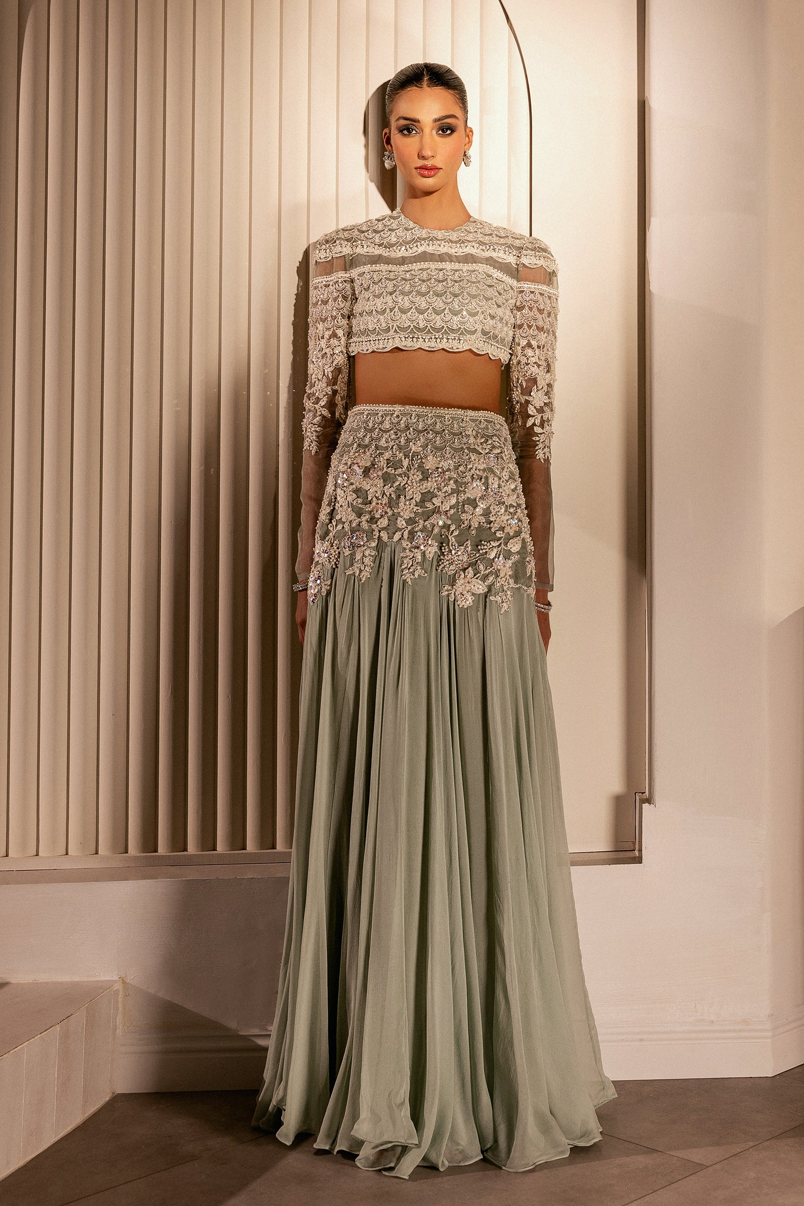 Pakistani Pistachio Green Embellished Organza & Chiffon Lehenga (2-Piece) - Image 6
