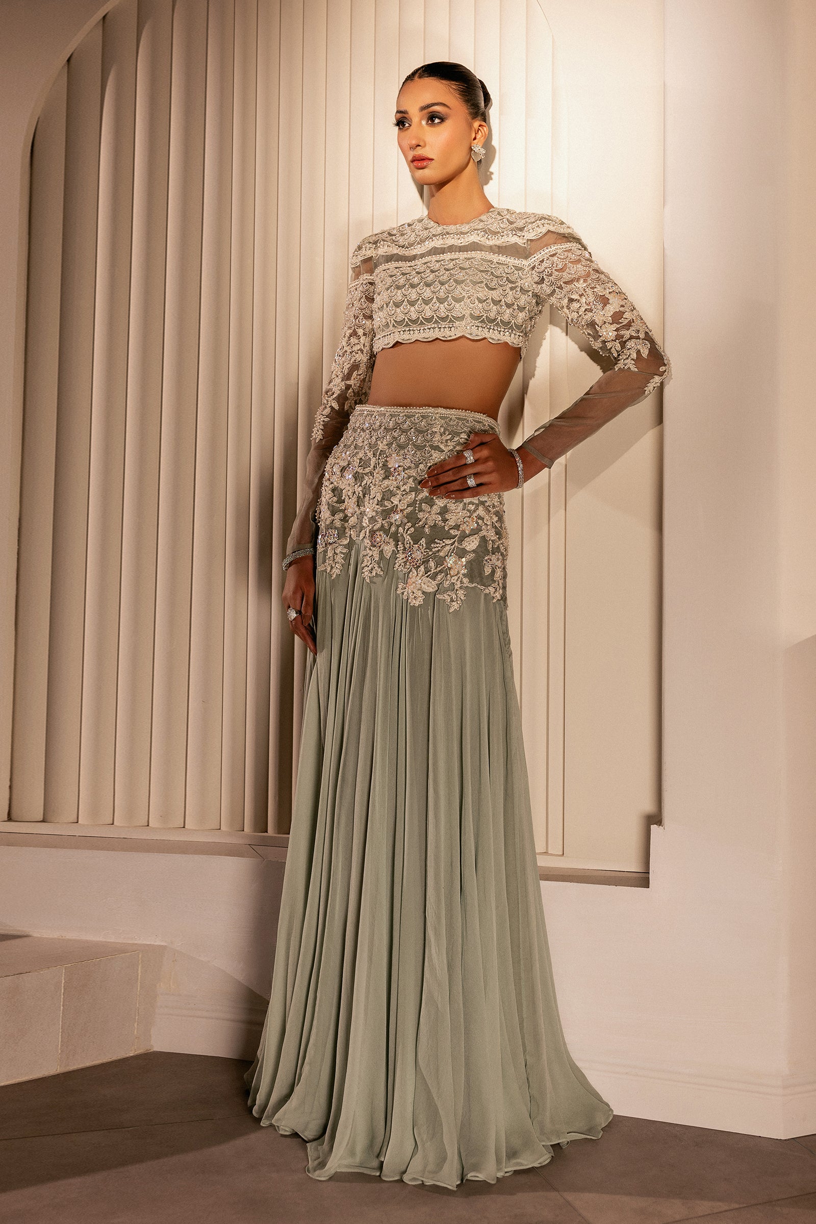 Pakistani Pistachio Green Embellished Organza & Chiffon Lehenga (2-Piece) - Image 7