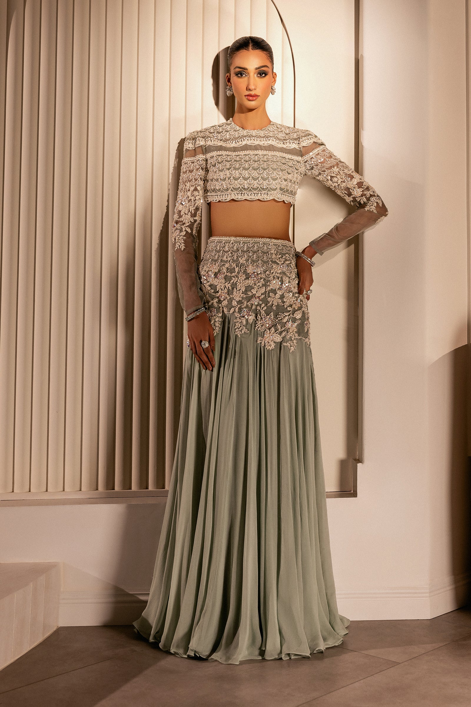 Pakistani Pistachio Green Embellished Organza & Chiffon Lehenga (2-Piece) - Image 8
