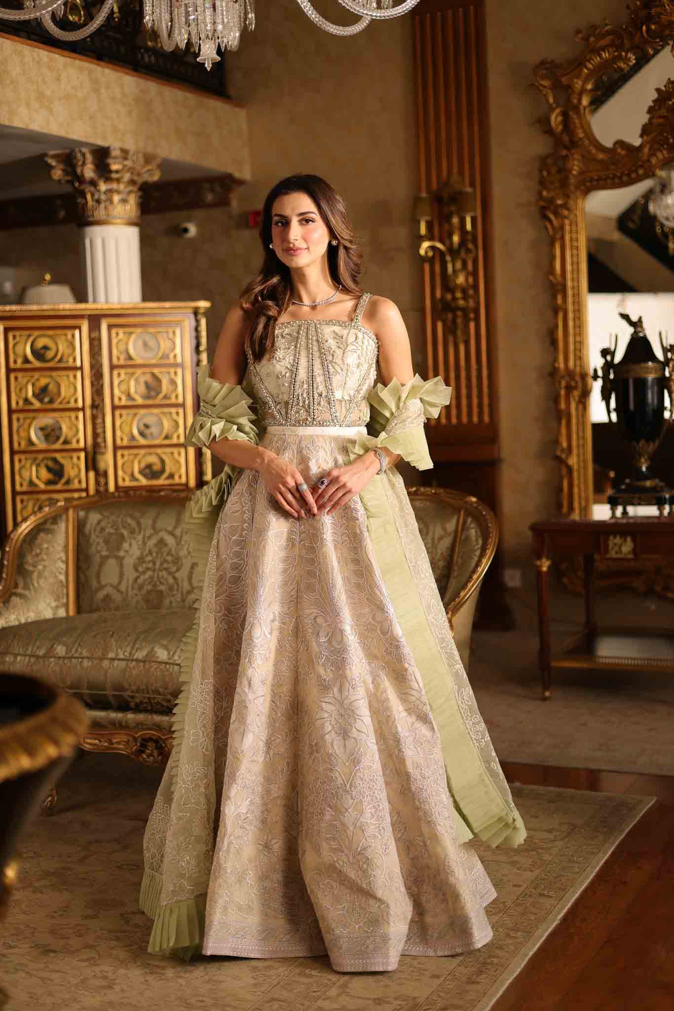 Pakistani Pale Green Cut-Work Organza Bridal Lehenga (3-Piece) - Image 1