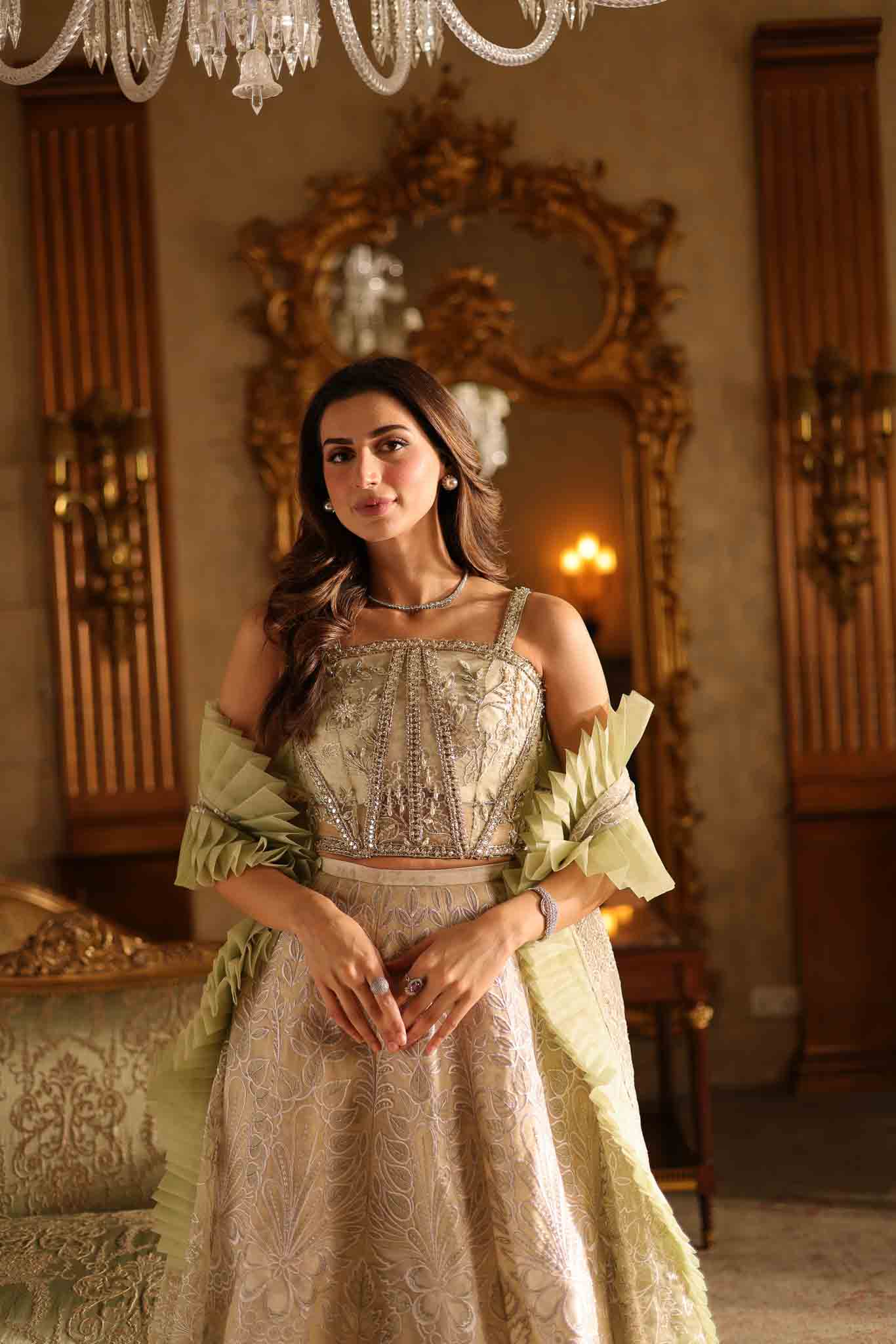 Pakistani Pale Green Cut-Work Organza Bridal Lehenga (3-Piece) - Image 2