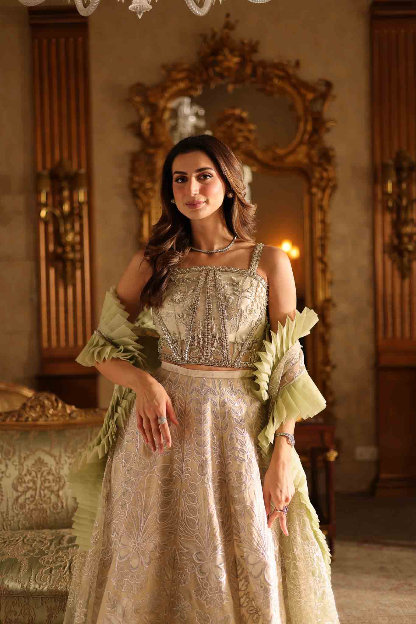 Pakistani Pale Green Cut-Work Organza Bridal Lehenga (3-Piece) - Image 3