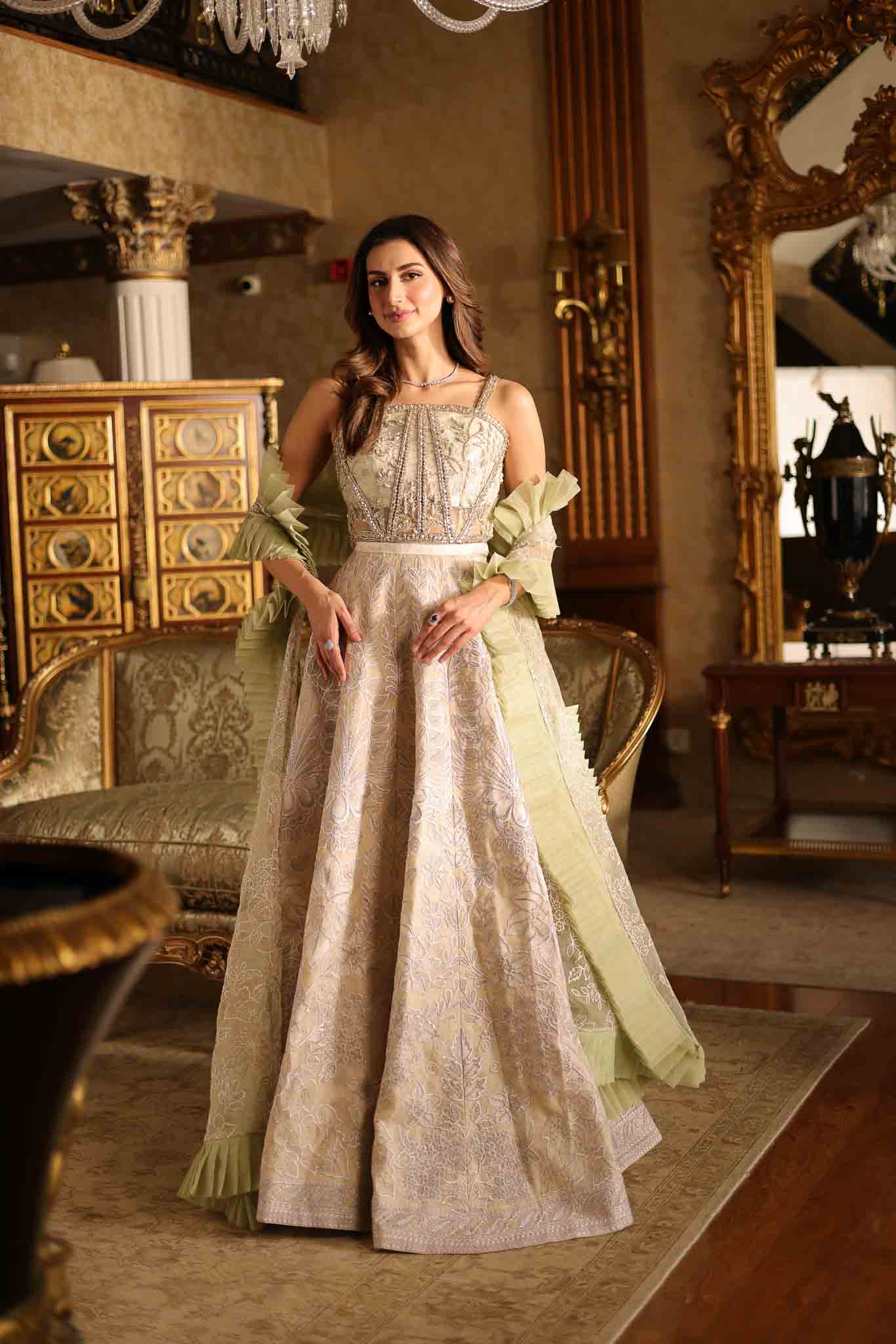 Pakistani Pale Green Cut-Work Organza Bridal Lehenga (3-Piece) - Image 4