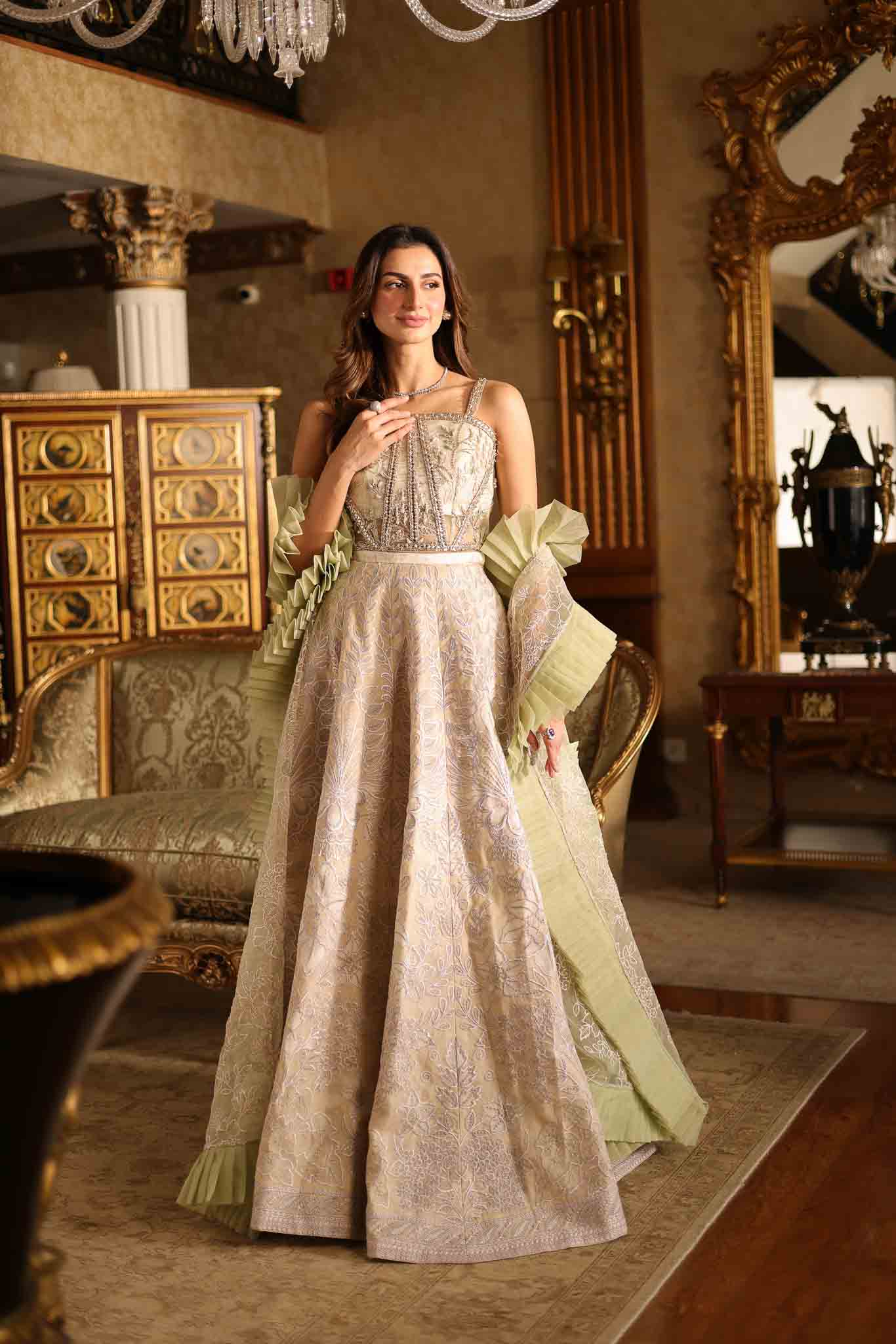 Pakistani Pale Green Cut-Work Organza Bridal Lehenga (3-Piece) - Image 5