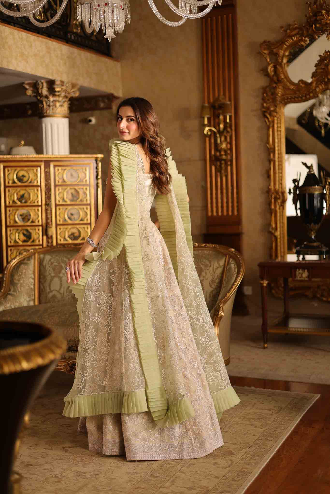 Pakistani Pale Green Cut-Work Organza Bridal Lehenga (3-Piece) - Image 7