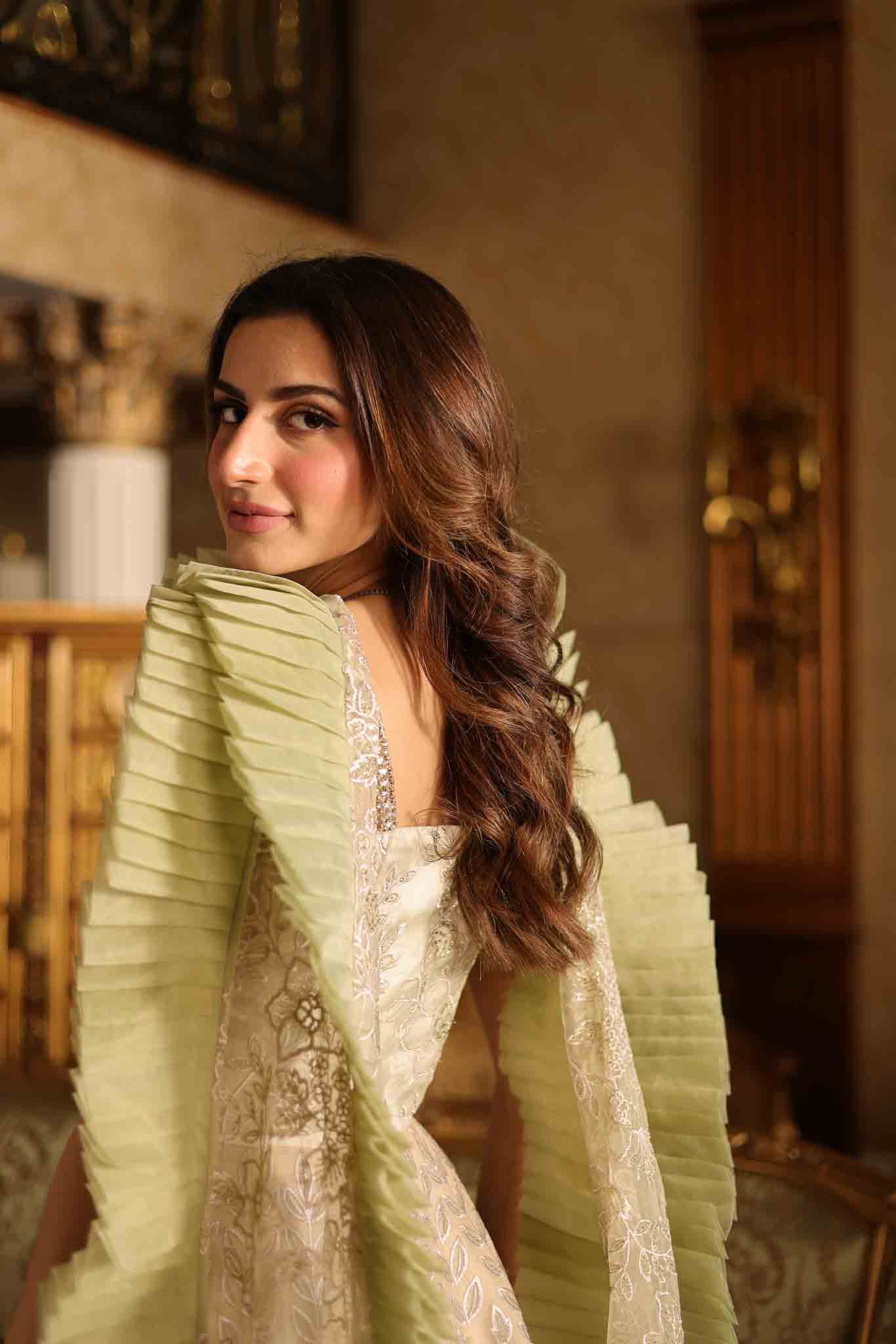 Pakistani Pale Green Cut-Work Organza Bridal Lehenga (3-Piece) - Image 8