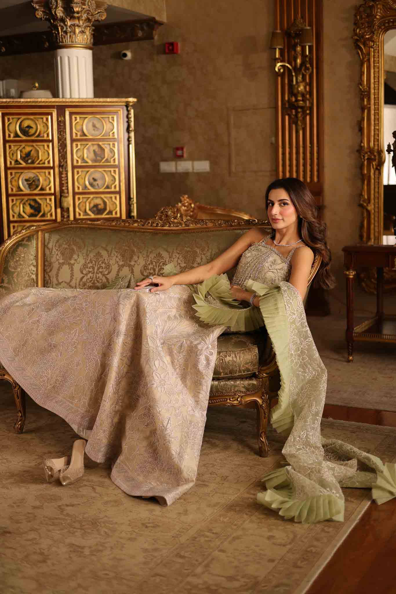 Pakistani Pale Green Cut-Work Organza Bridal Lehenga (3-Piece) - Image 9