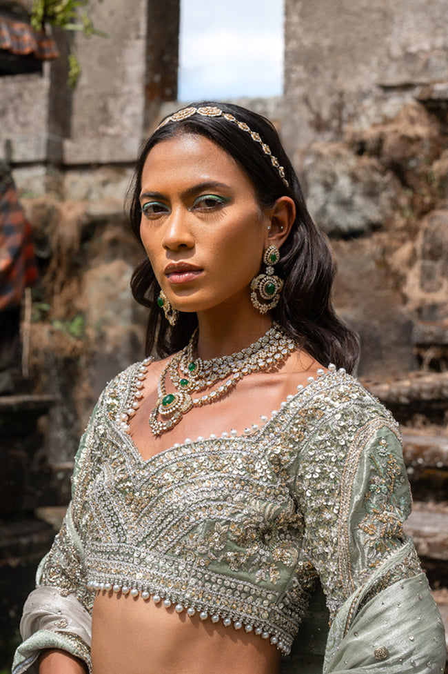 Pakistani Seafoam Dabka Naqshi Organza Tissue Bridal Lehnga Choli (3-Piece) - Image 5