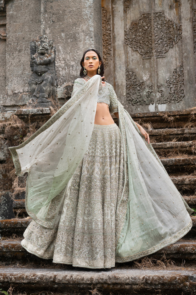 Pakistani Seafoam Dabka Naqshi Organza Tissue Bridal Lehnga Choli (3-Piece) - Image 6