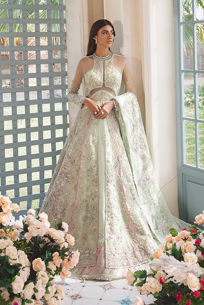 Pakistani Mint Embroidered Organza Kalidar Lehenga (3-Piece) - Image 2