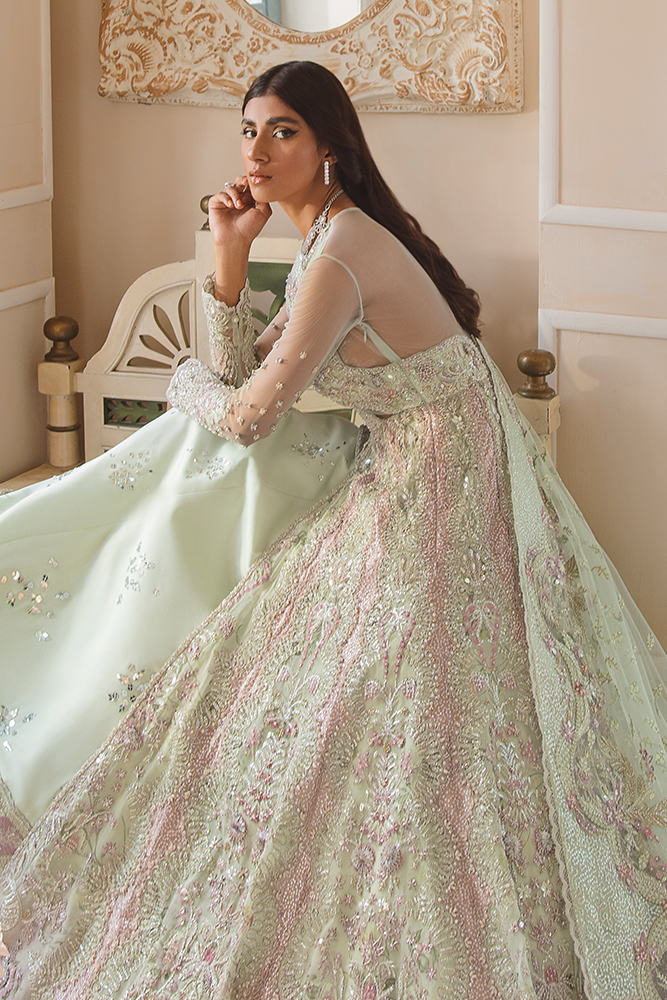 Pakistani Mint Embroidered Organza Kalidar Lehenga (3-Piece) - Image 3