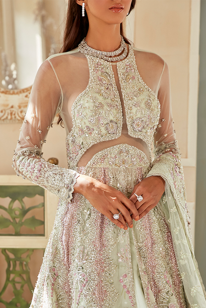 Pakistani Mint Embroidered Organza Kalidar Lehenga (3-Piece) - Image 4