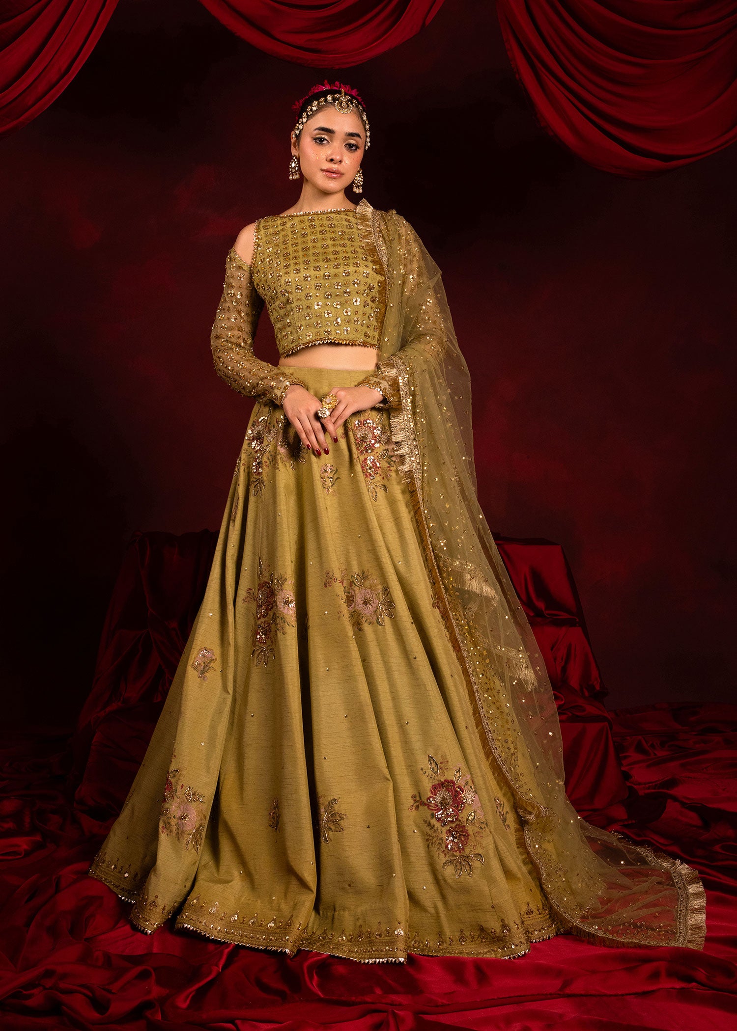 Light Green Embellished Organza & Silk Lehenga Choli (3-Piece) - Image 1