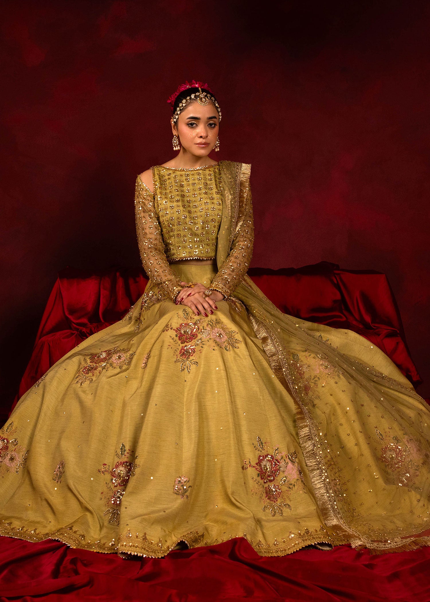 Light Green Embellished Organza & Silk Lehenga Choli (3-Piece) - Image 9