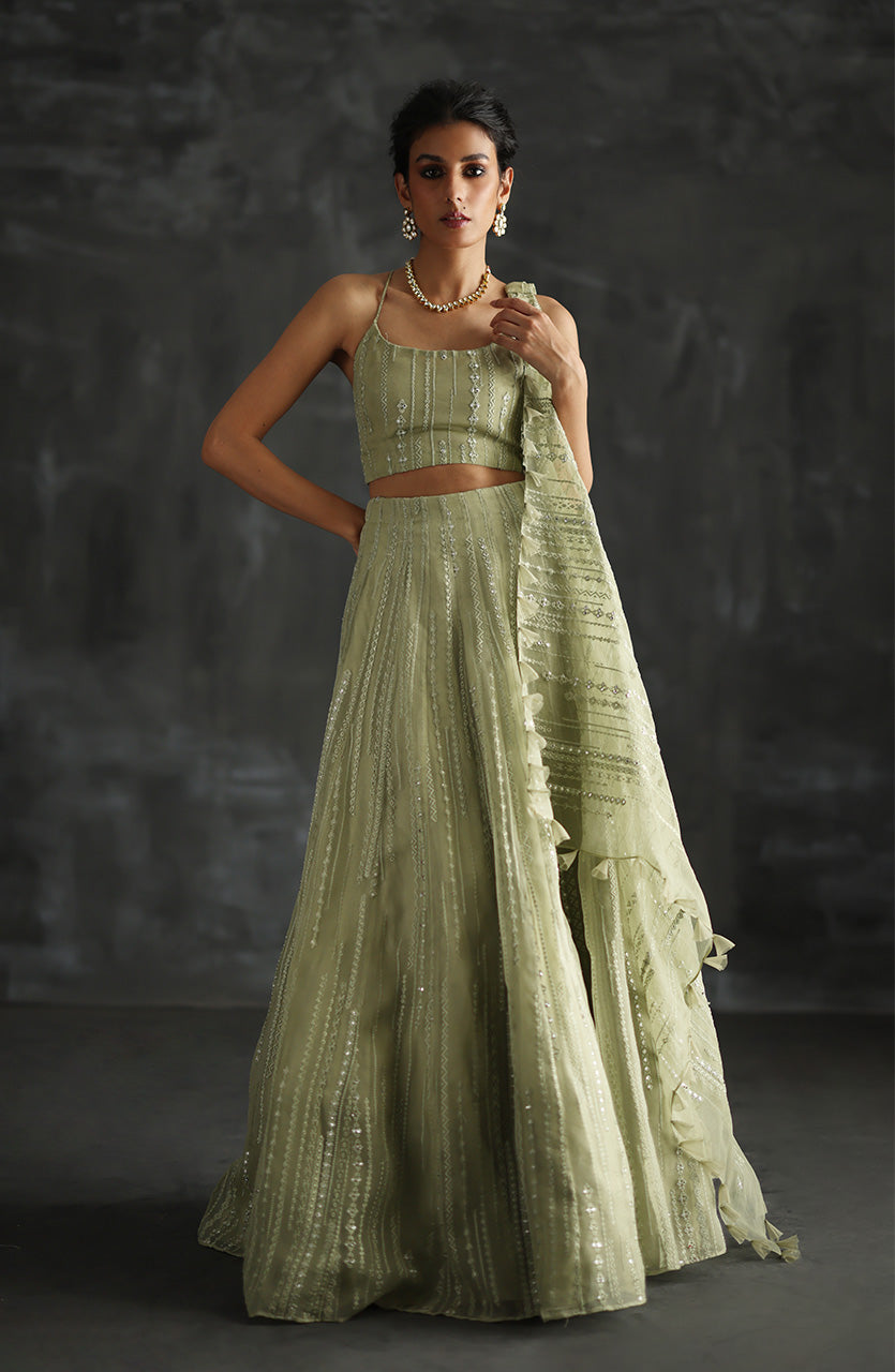 Mint Green Embroidered Organza Lehenga Choli (3-Piece) - Image 1