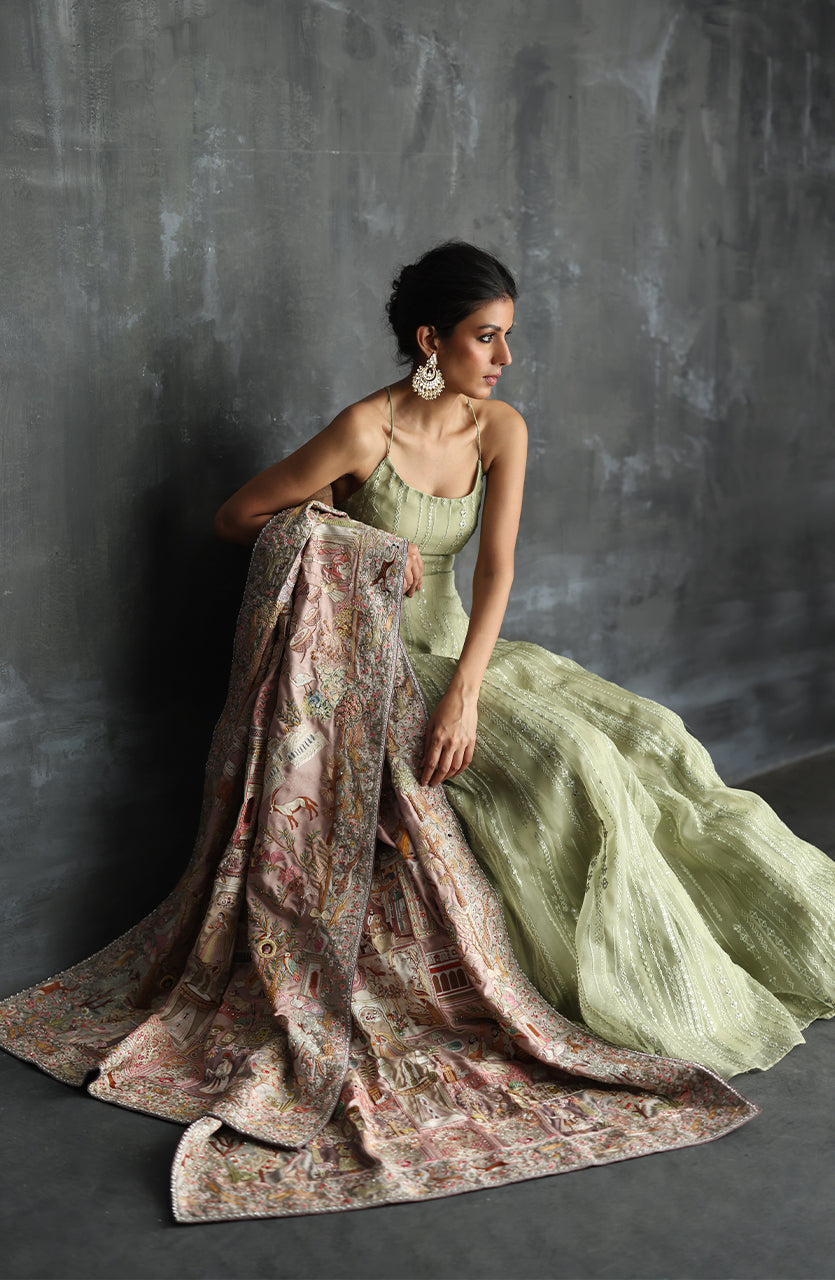 Mint Green Embroidered Organza Lehenga Choli (3-Piece) - Image 2