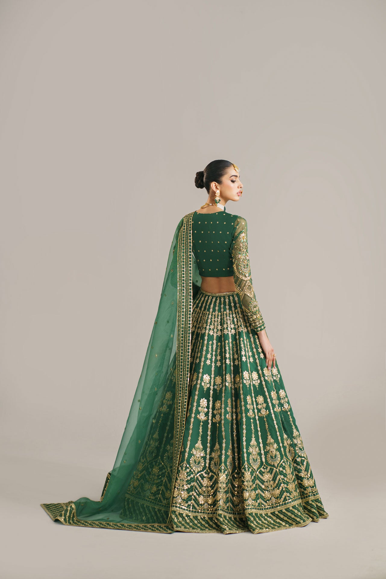 Emerald Green Embroidered Organza Lehenga (3-Piece) - Image 2
