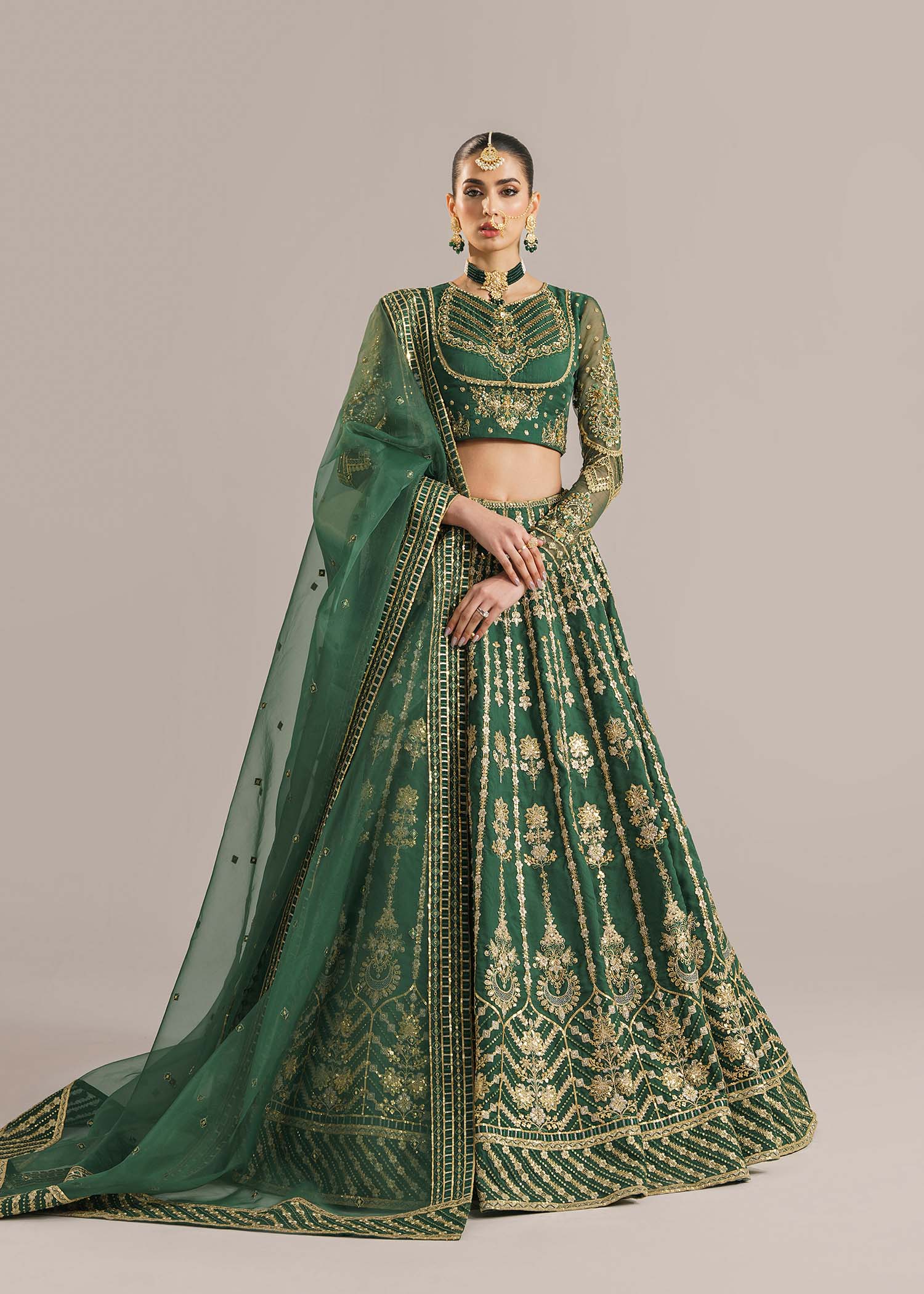 Emerald Green Embroidered Organza Lehenga (3-Piece) - Image 3
