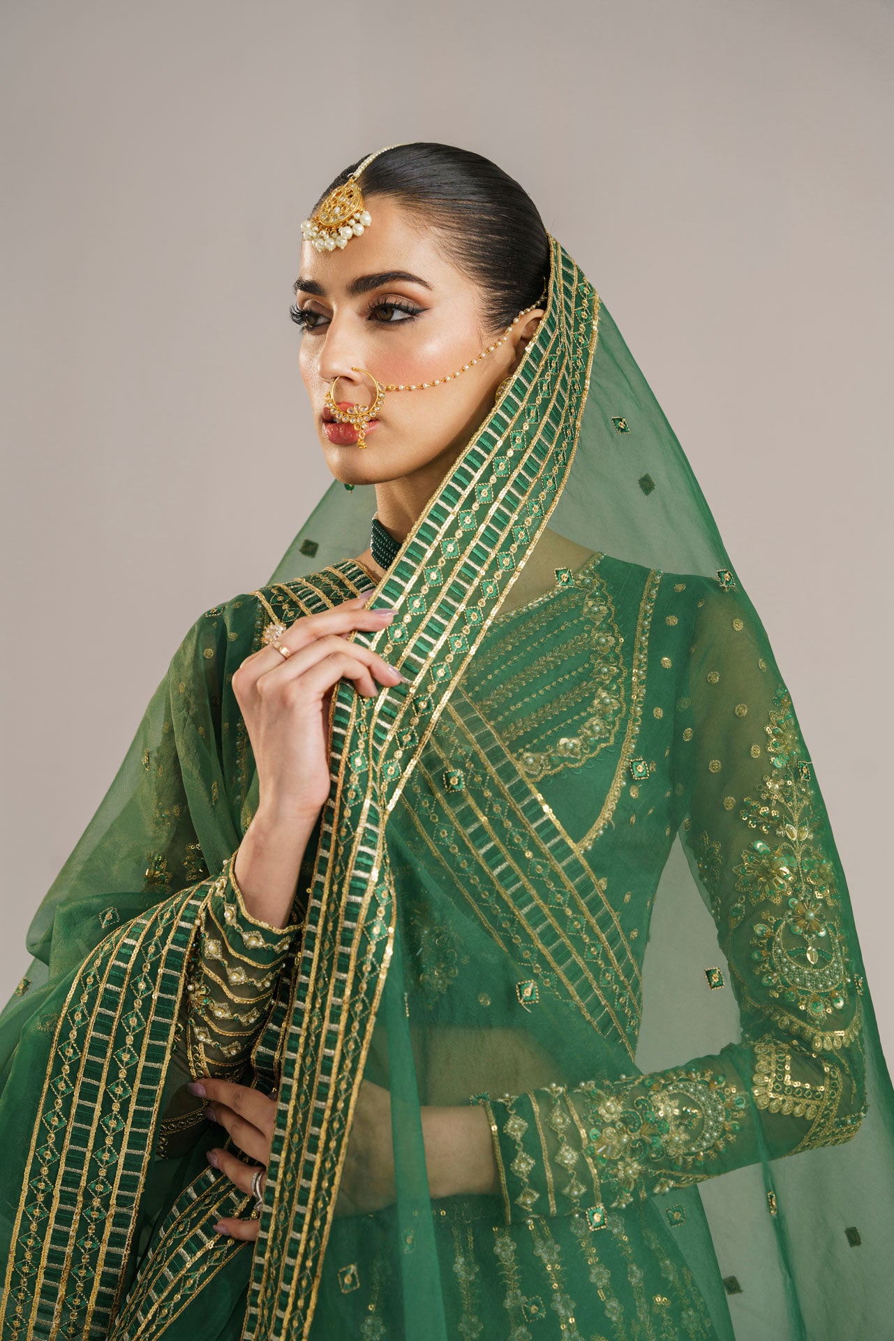 Emerald Green Embroidered Organza Lehenga (3-Piece) - Image 5