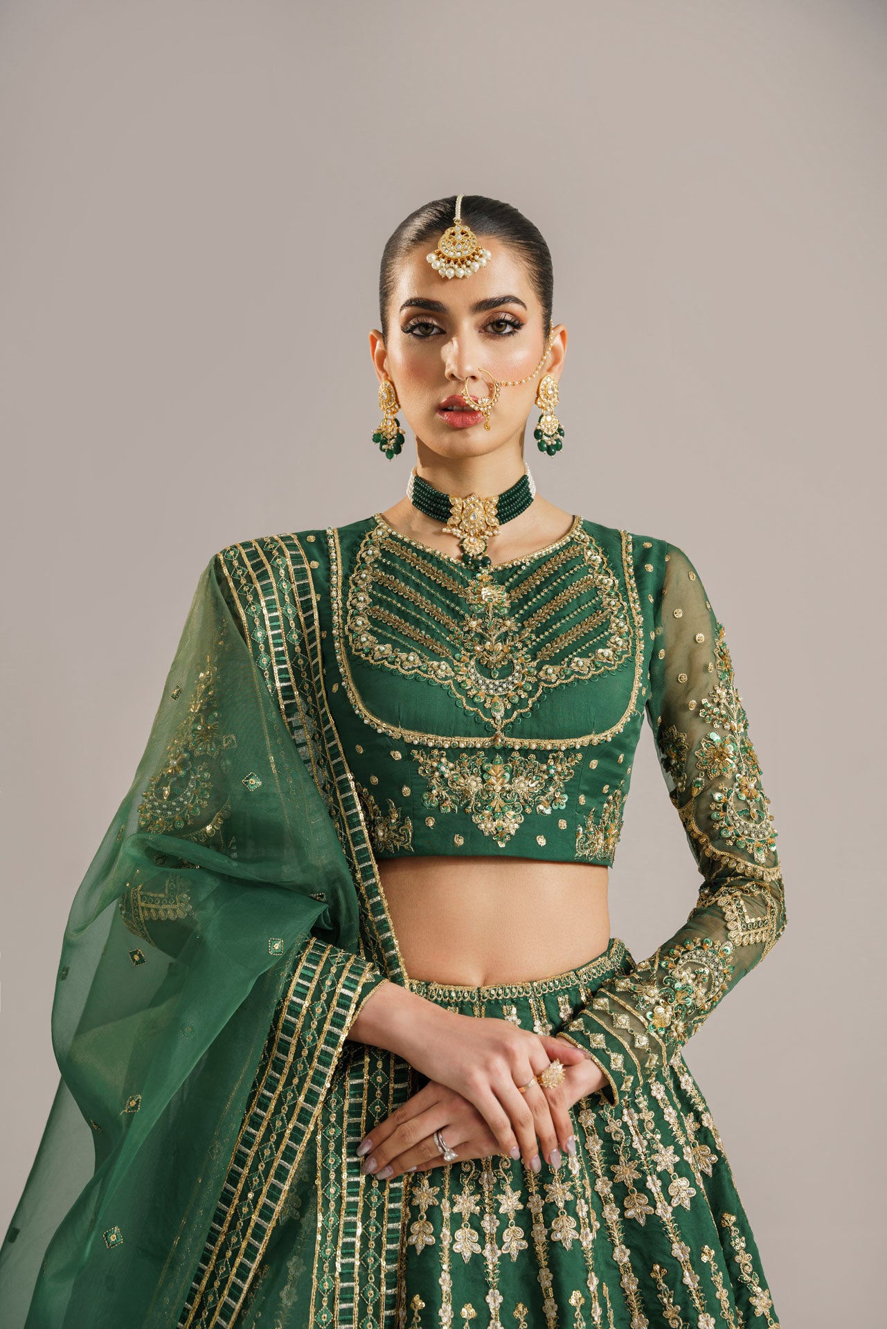 Emerald Green Embroidered Organza Lehenga (3-Piece) - Image 7