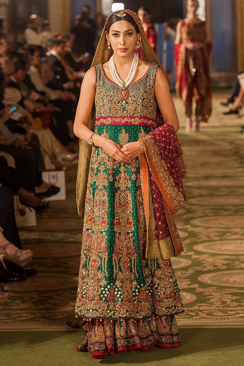 Pakistani Bottle Green Embroidered Organza Lehenga (3-Piece) - Image 1