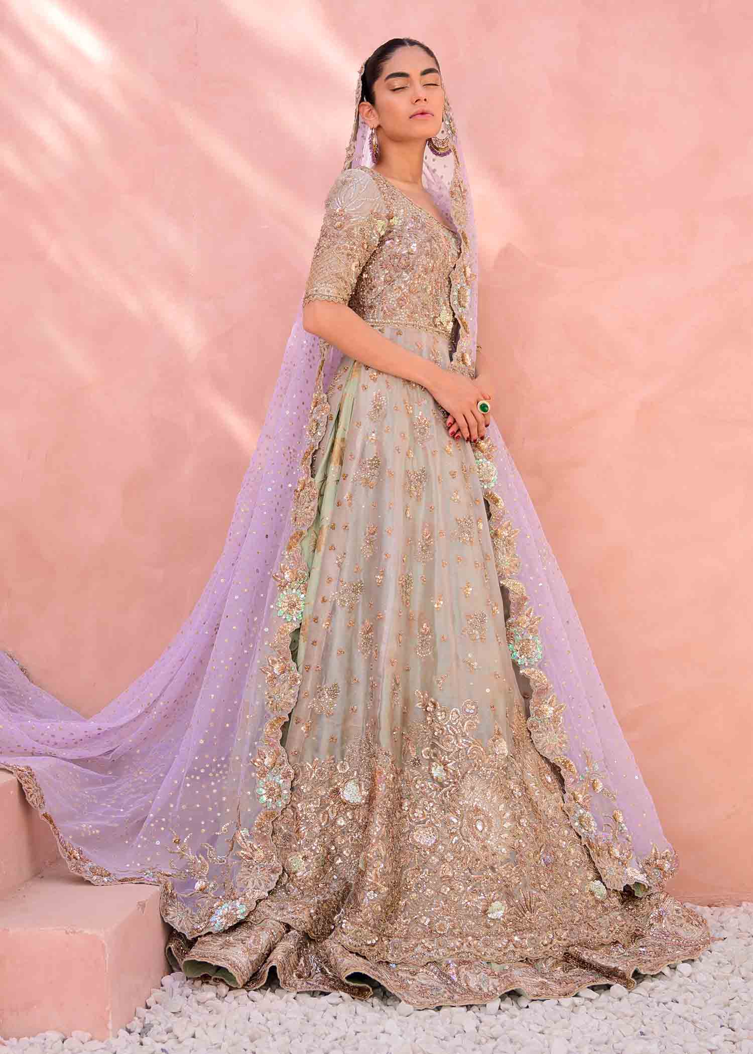 Soft Sage Embellished Organza Bridal Lehenga (3-Piece) - Image 1