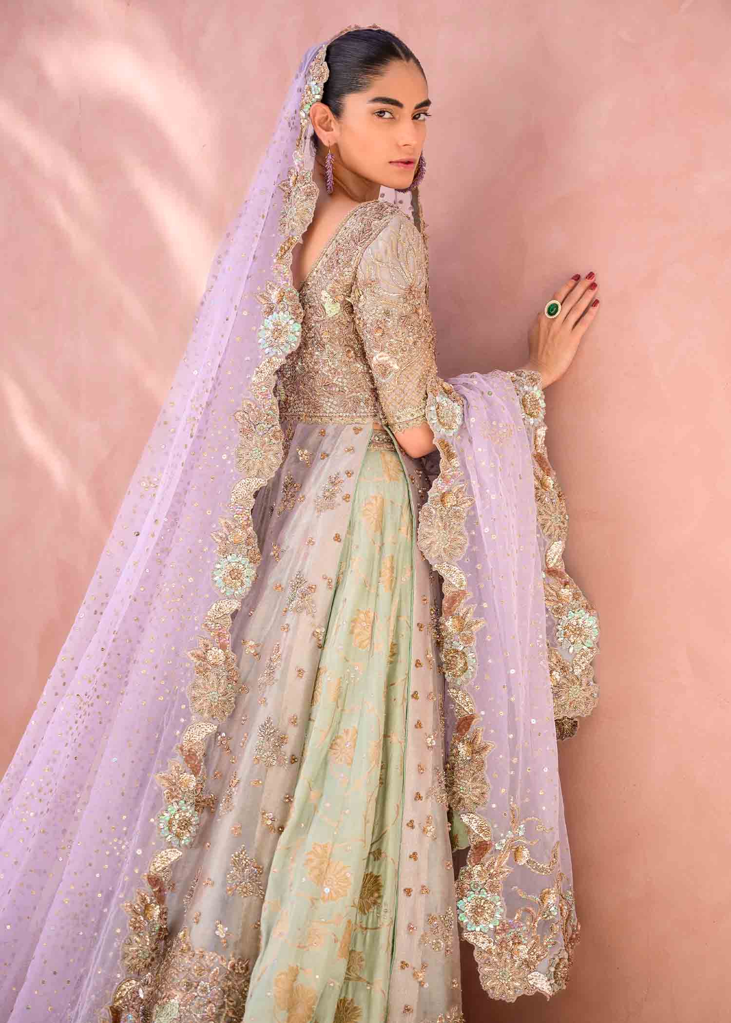Soft Sage Embellished Organza Bridal Lehenga (3-Piece) - Image 3