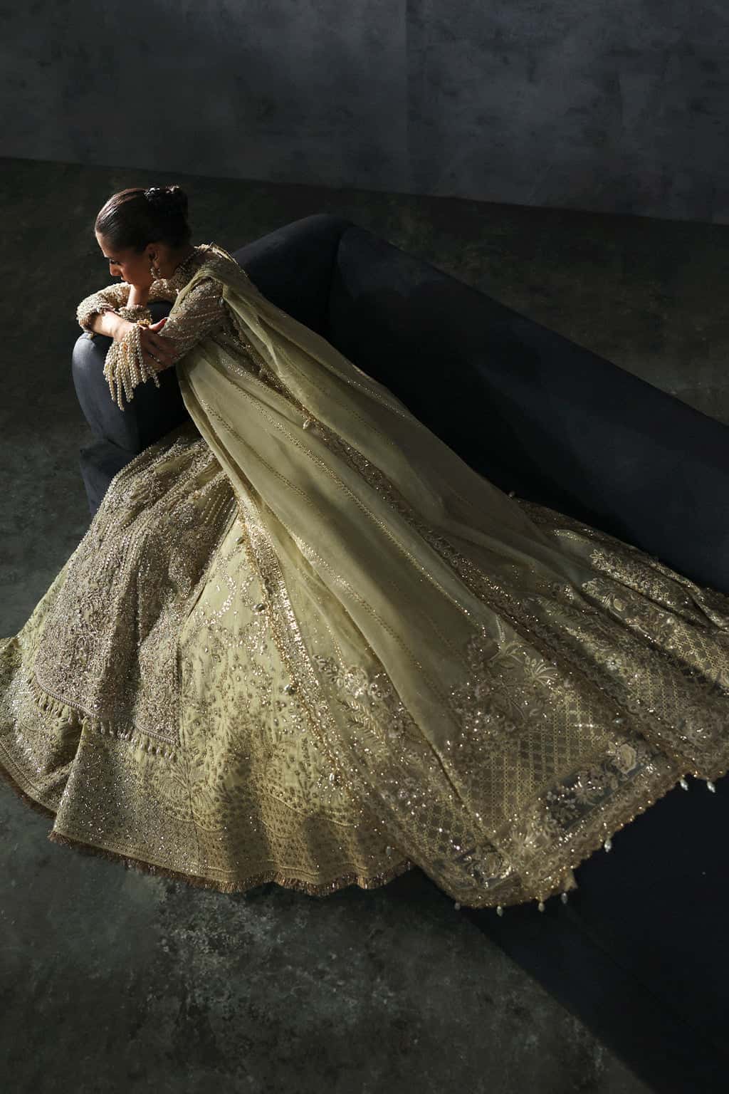 Green Hand-Embellished Organza Bridal Lehenga (3-Piece) - Image 8