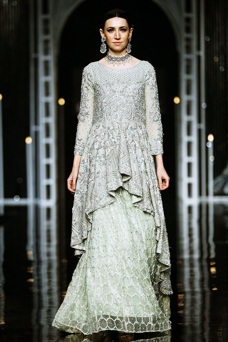 Pakistani Mint Hand-Embroidered Organza Lehenga (2-Piece) - Image 1