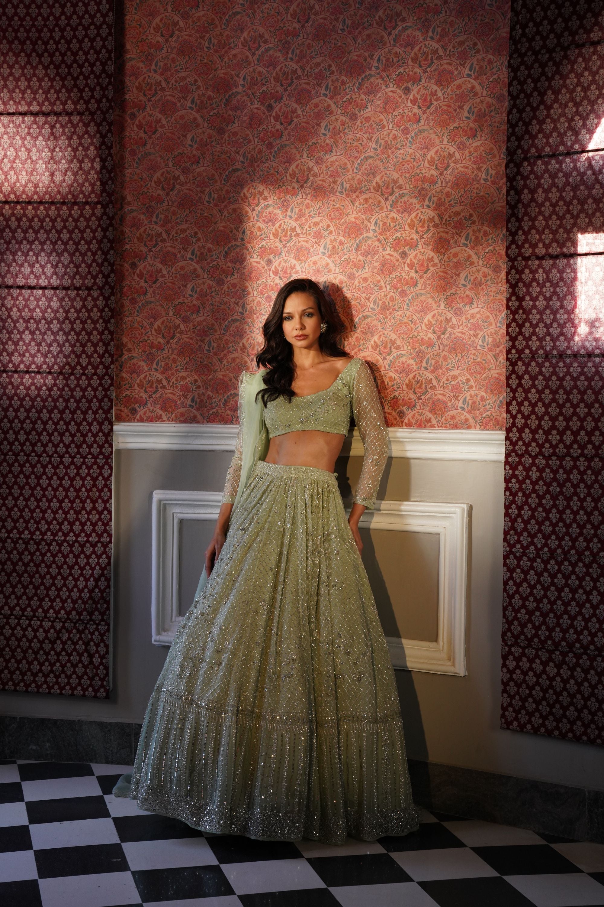 Indian Green Jaal Embroidered Organza Lehenga Set (3-Piece) - Image 1