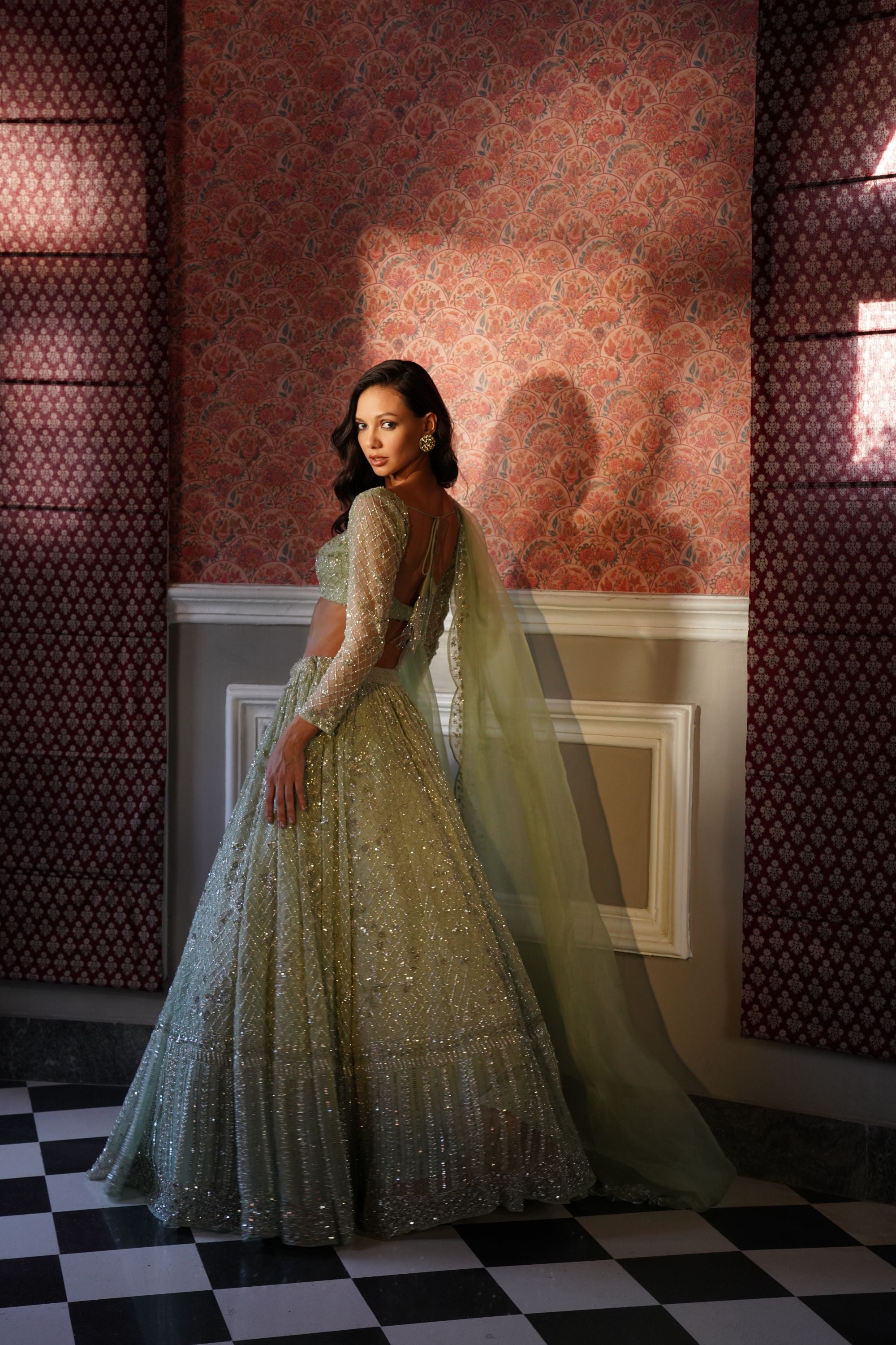 Indian Green Jaal Embroidered Organza Lehenga Set (3-Piece) - Image 2